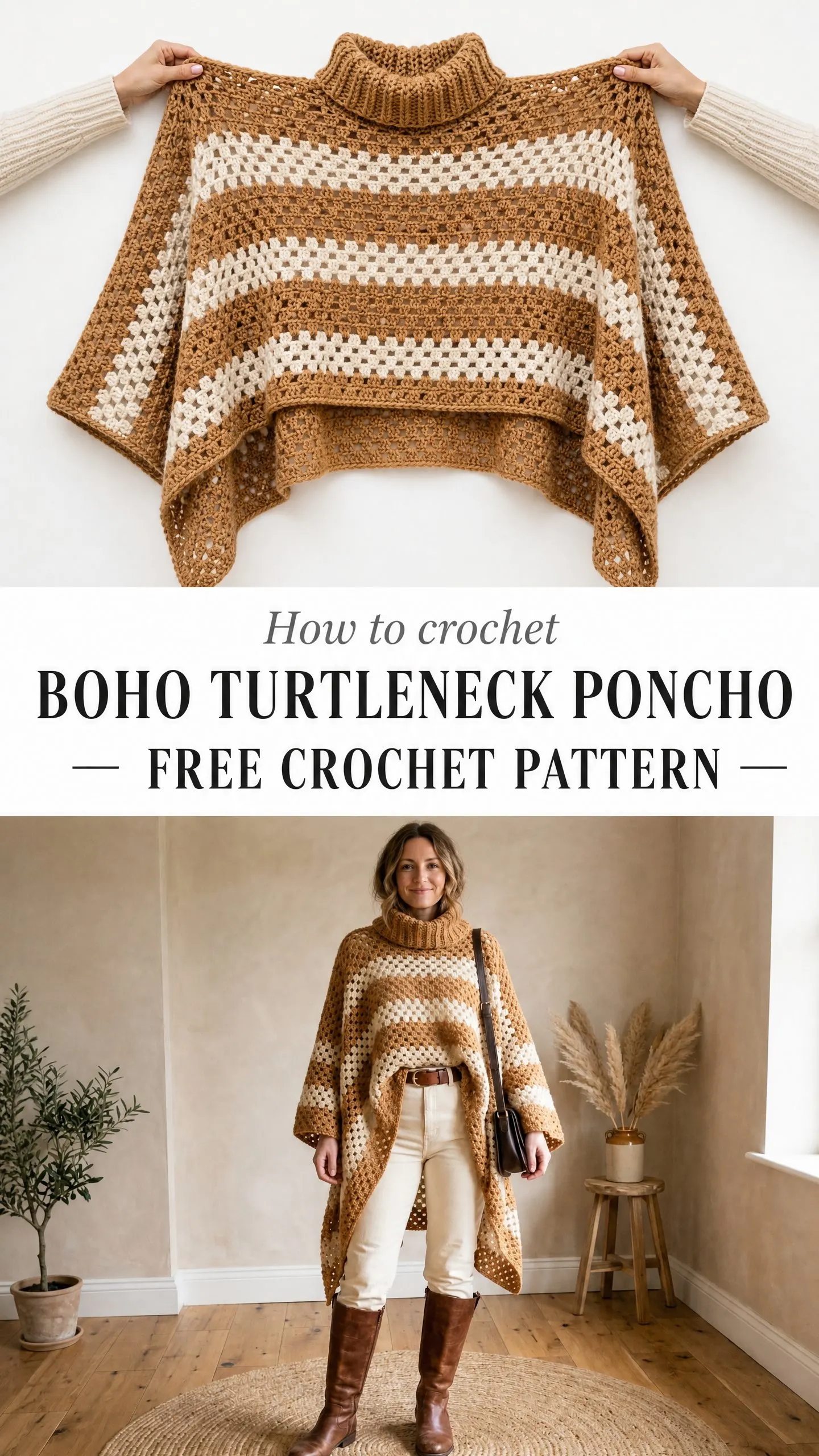 Boho Turtleneck Poncho Free Crochet Pattern