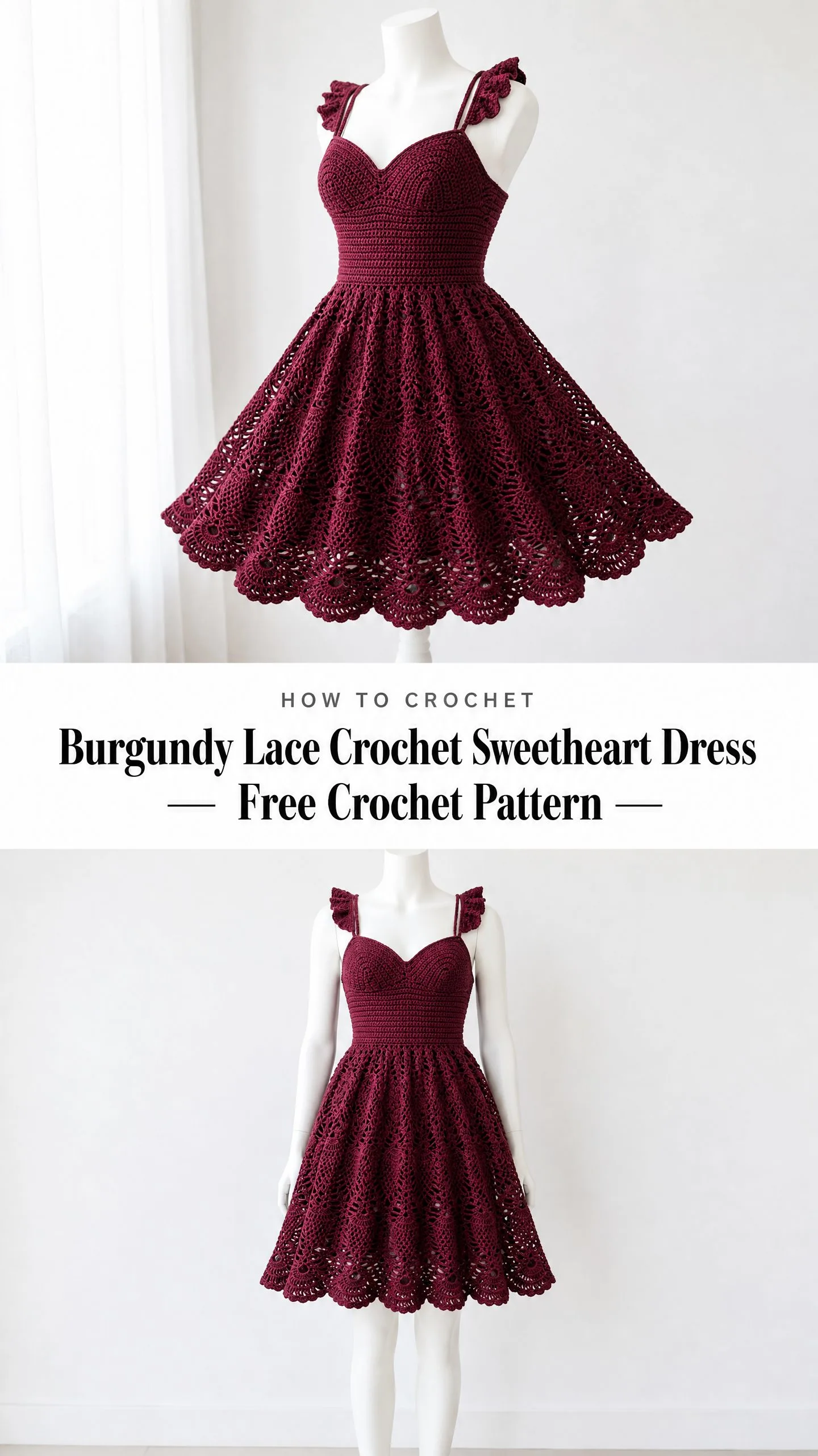 Burgundy Lace Crochet Sweetheart Dress Free Pattern