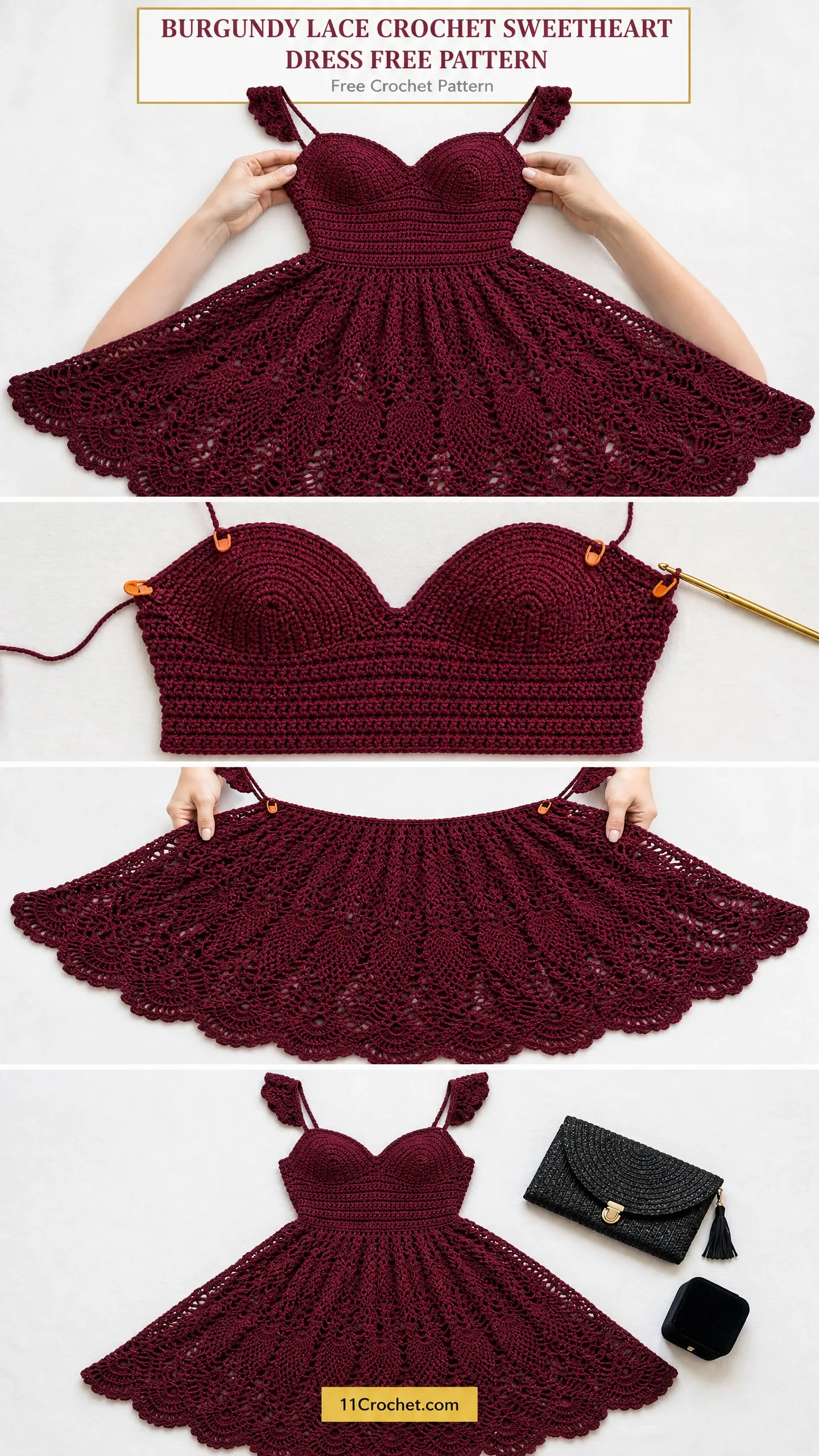 Burgundy Lace Crochet Sweetheart Dress Free Pattern