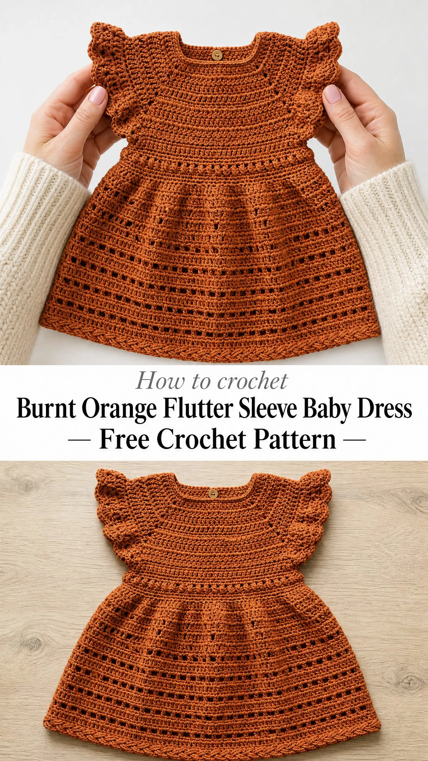 Burnt Orange Flutter Sleeve Baby Dress Free Crochet Pattern