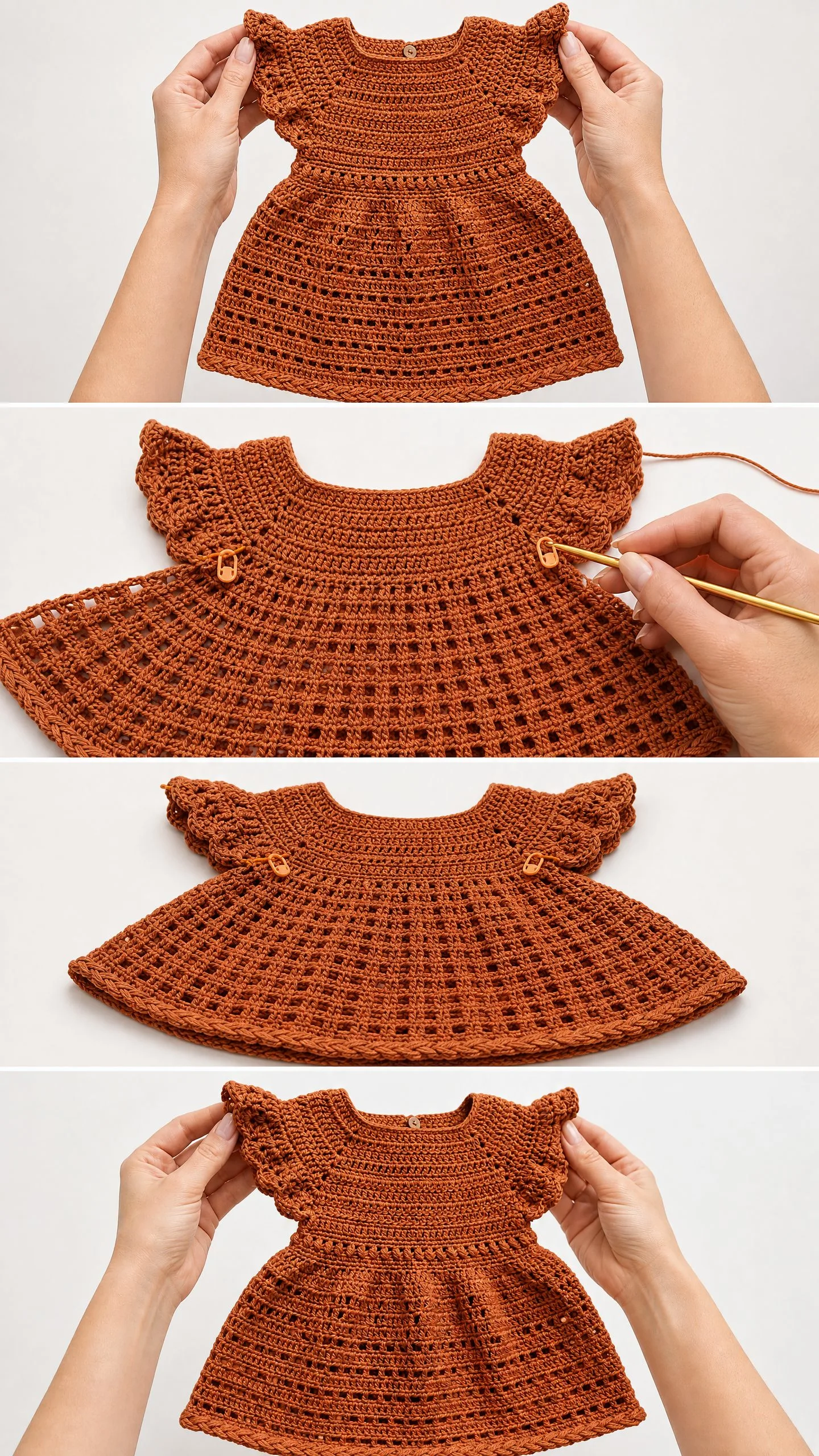 Burnt Orange Flutter Sleeve Baby Dress Free Crochet Pattern