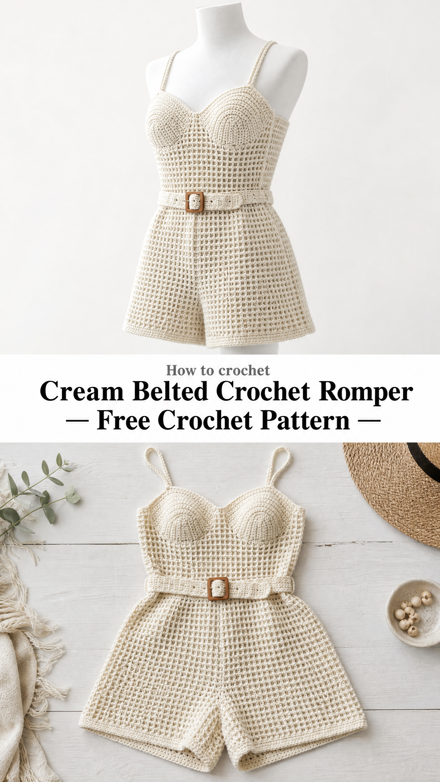 Cream Belted Crochet Romper Free Crochet Pattern
