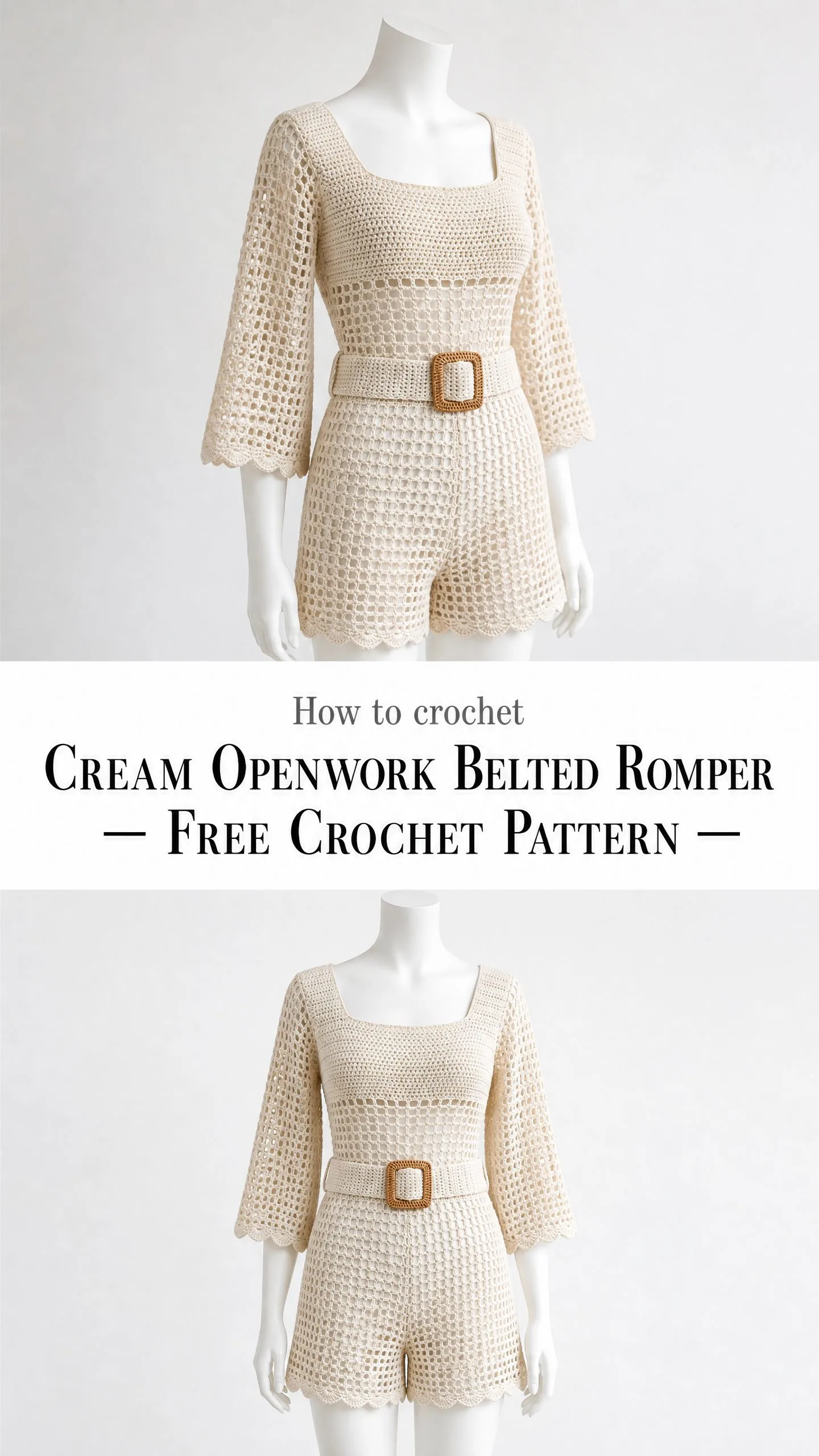 Cream Openwork Belted Romper Free Crochet Pattern