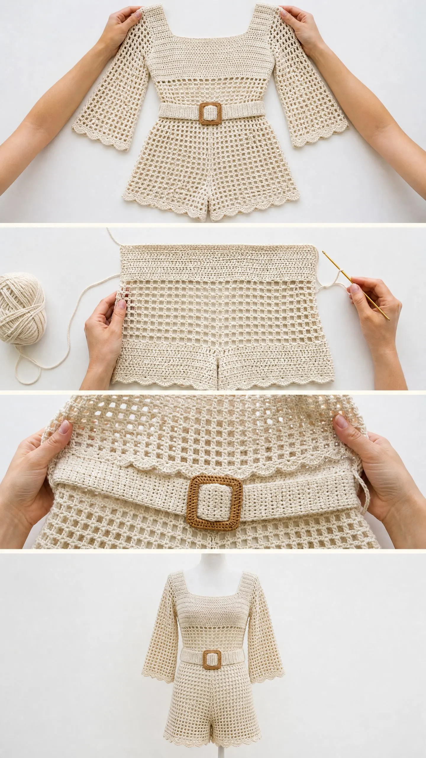 Cream Openwork Belted Romper Free Crochet Pattern