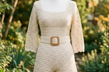 Cream Openwork Belted Romper Free Crochet Pattern
