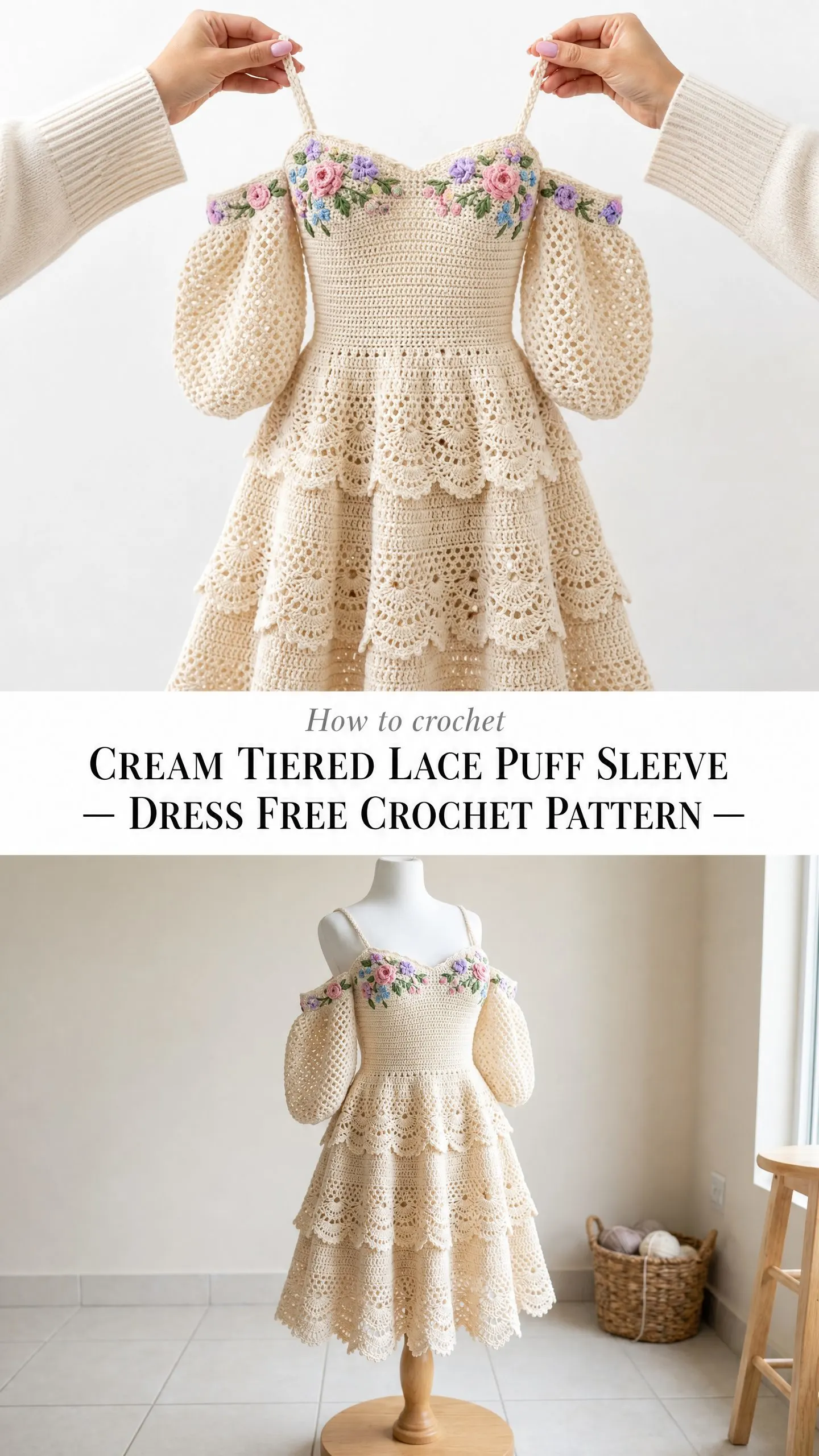 Cream Tiered Lace Puff Sleeve Dress Free Crochet Pattern