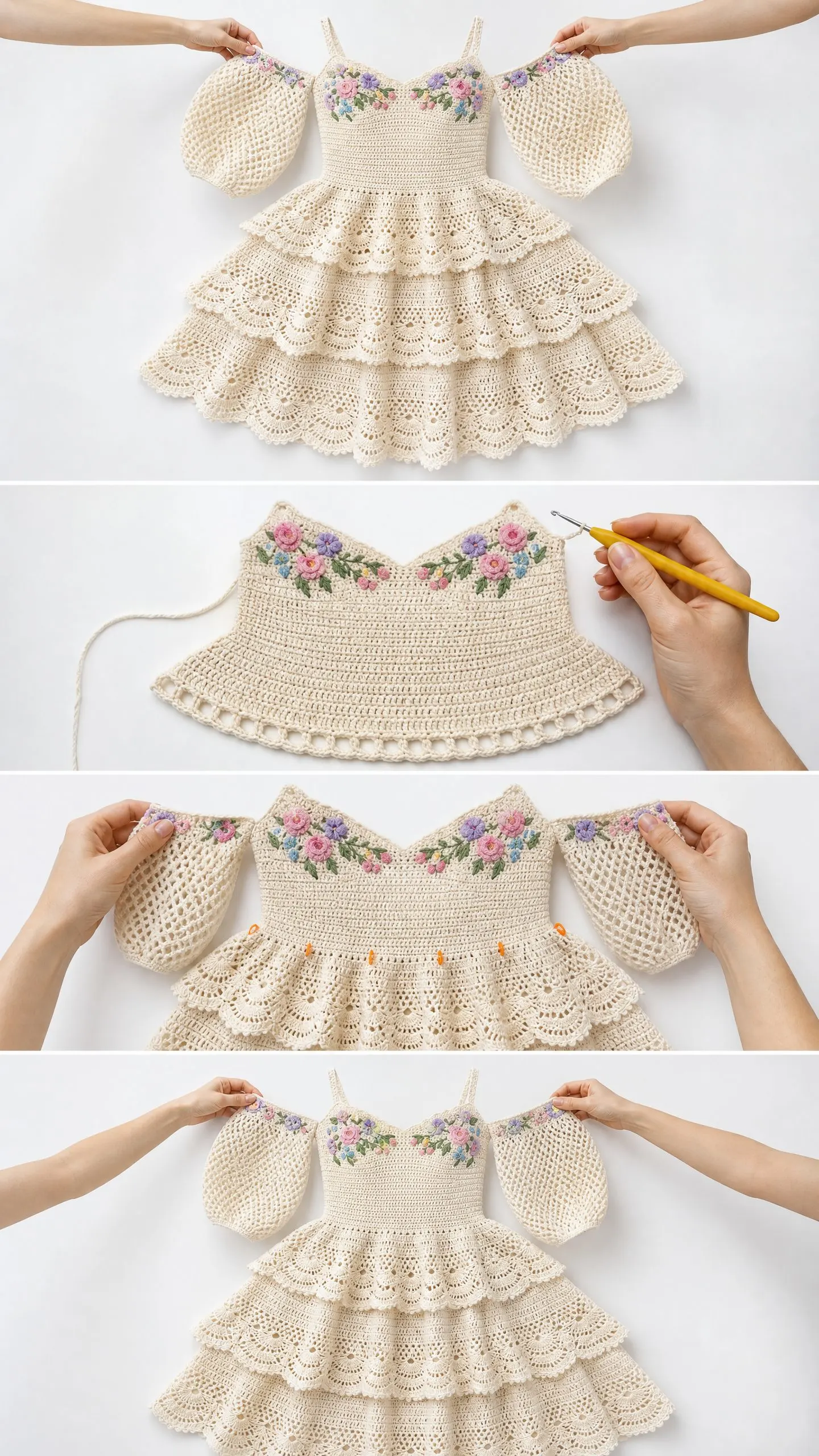 Cream Tiered Lace Puff Sleeve Dress Free Crochet Pattern