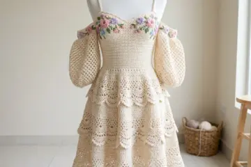 Cream Tiered Lace Puff Sleeve Dress Free Crochet Pattern