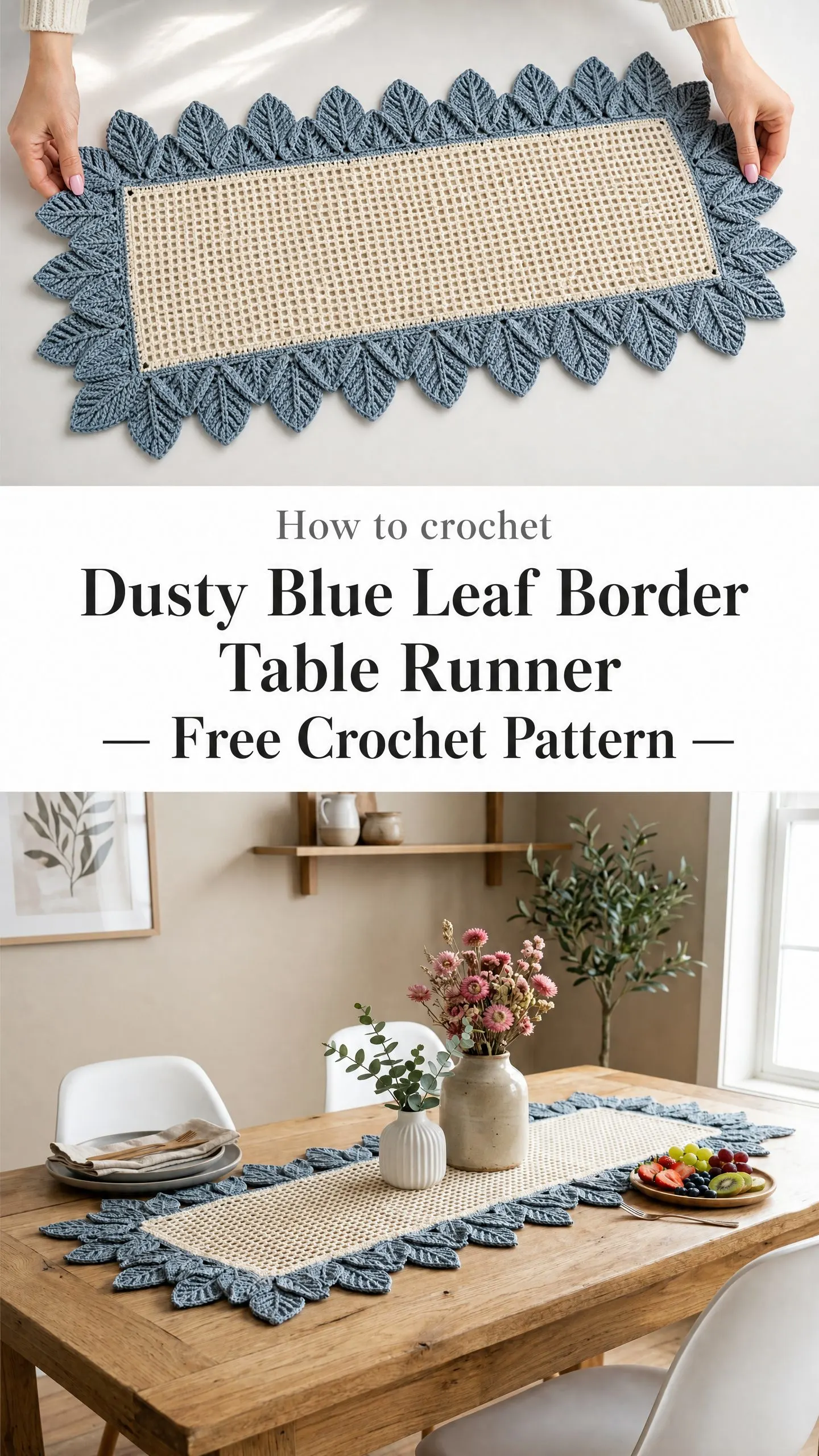 Dusty Blue Leaf Border Table Runner Free Crochet Pattern