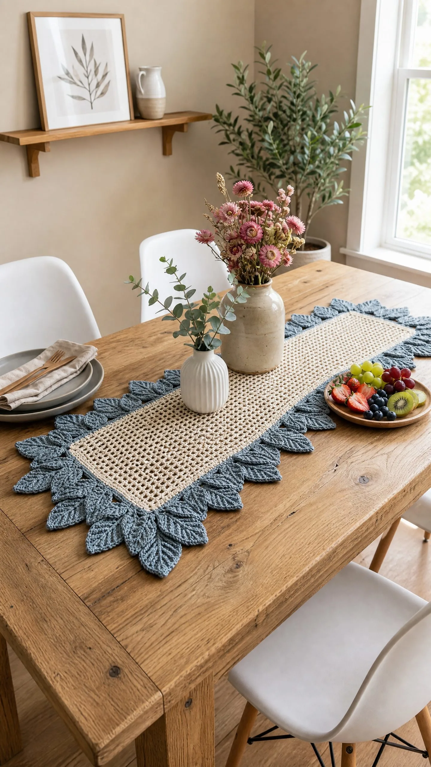 Dusty Blue Leaf Border Table Runner Free Crochet Pattern