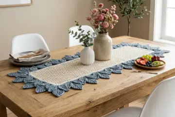 Dusty Blue Leaf Border Table Runner Free Crochet Pattern