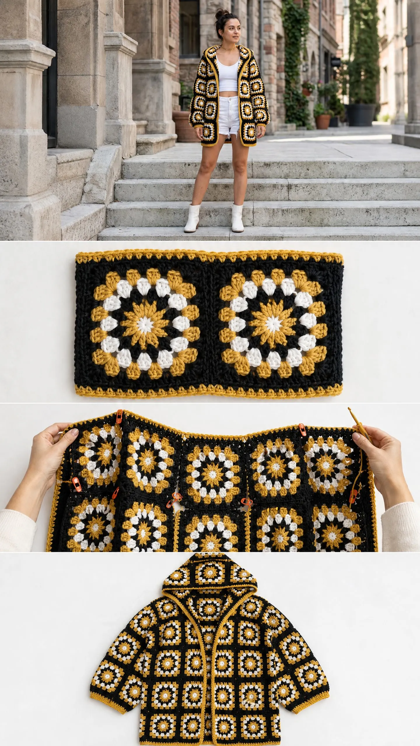 Granny Square Hooded Cardigan Free Crochet Pattern