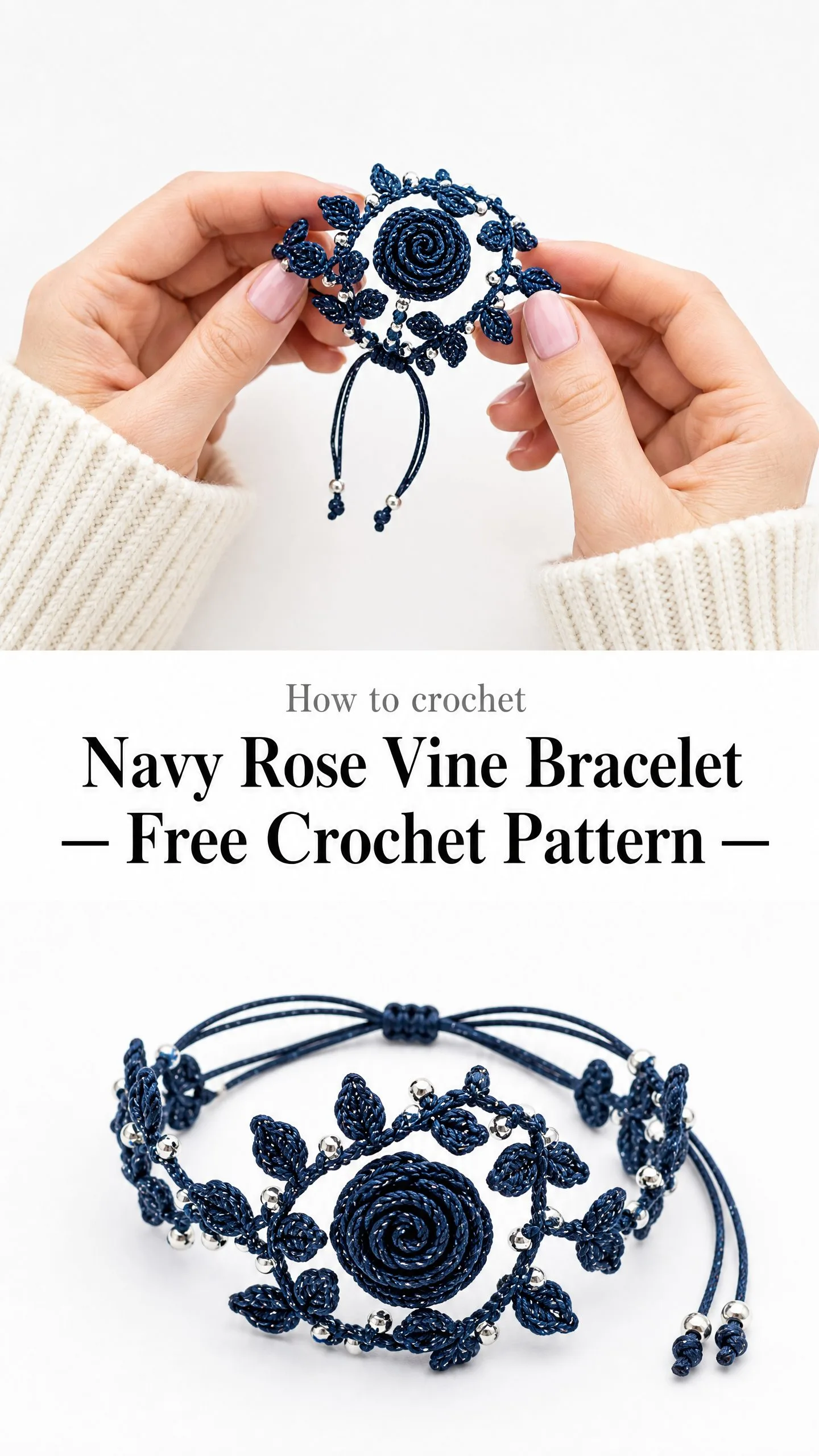 Navy Rose Vine Bracelet Free Crochet Pattern