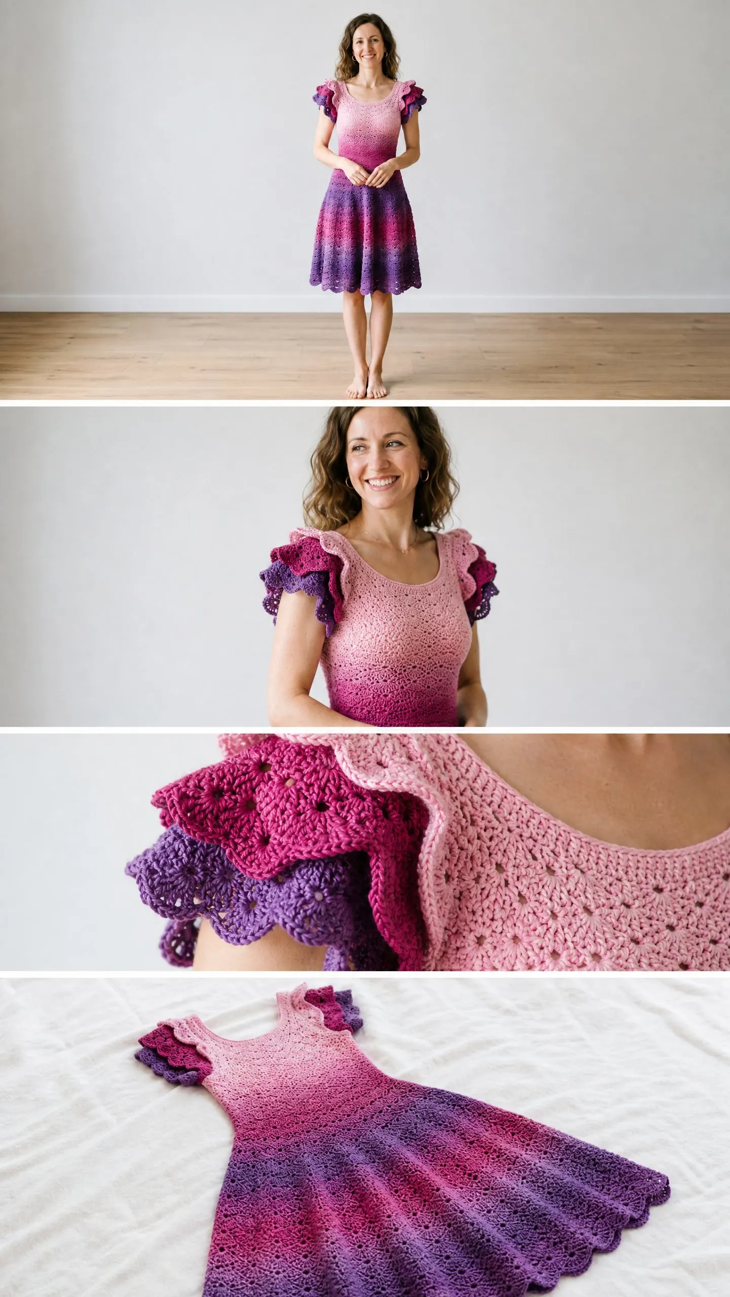 Ombre Ruffle Sleeve Crochet Dress Free Crochet Pattern