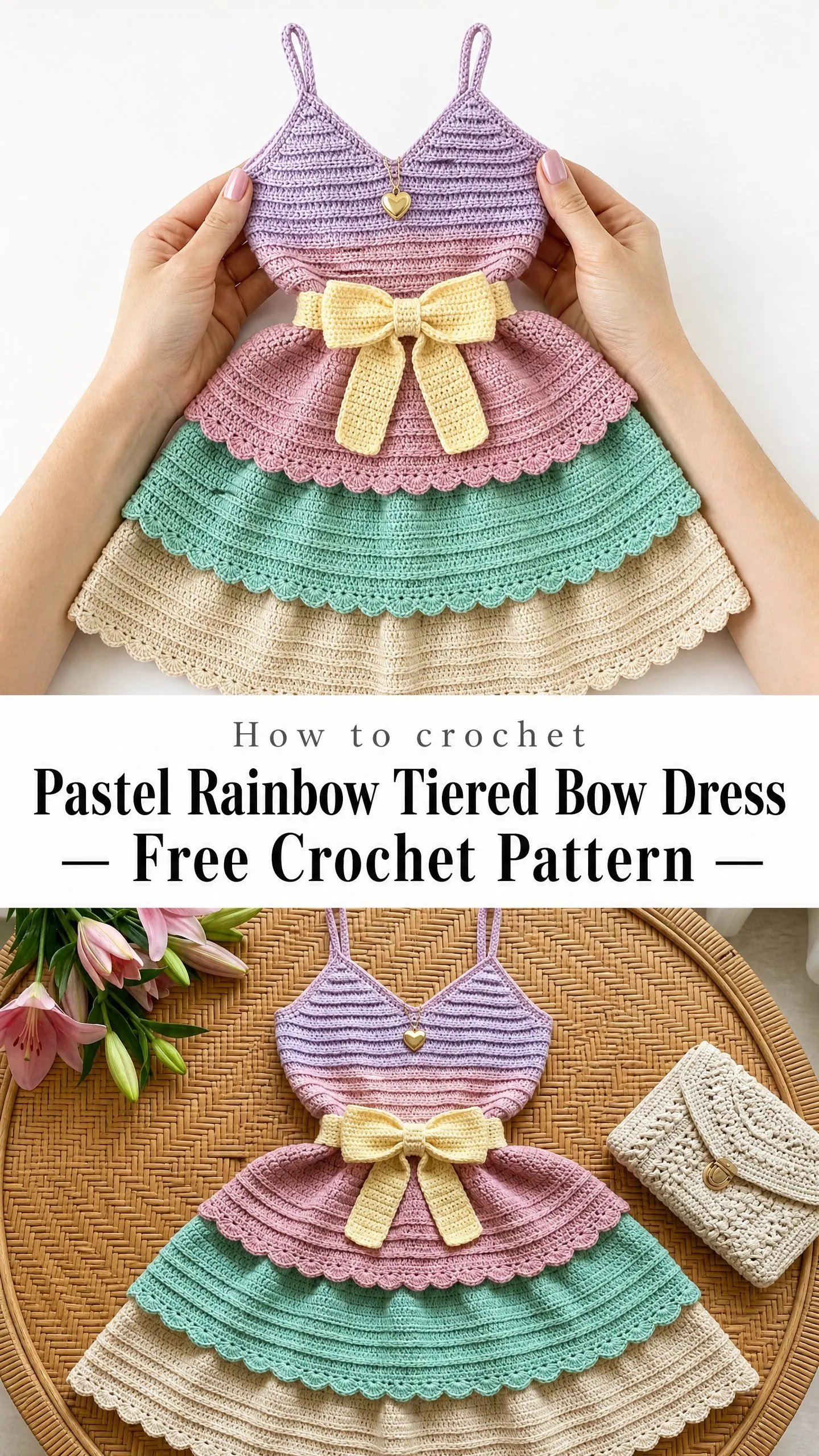 Pastel Rainbow Tiered Bow Dress Free Crochet Pattern