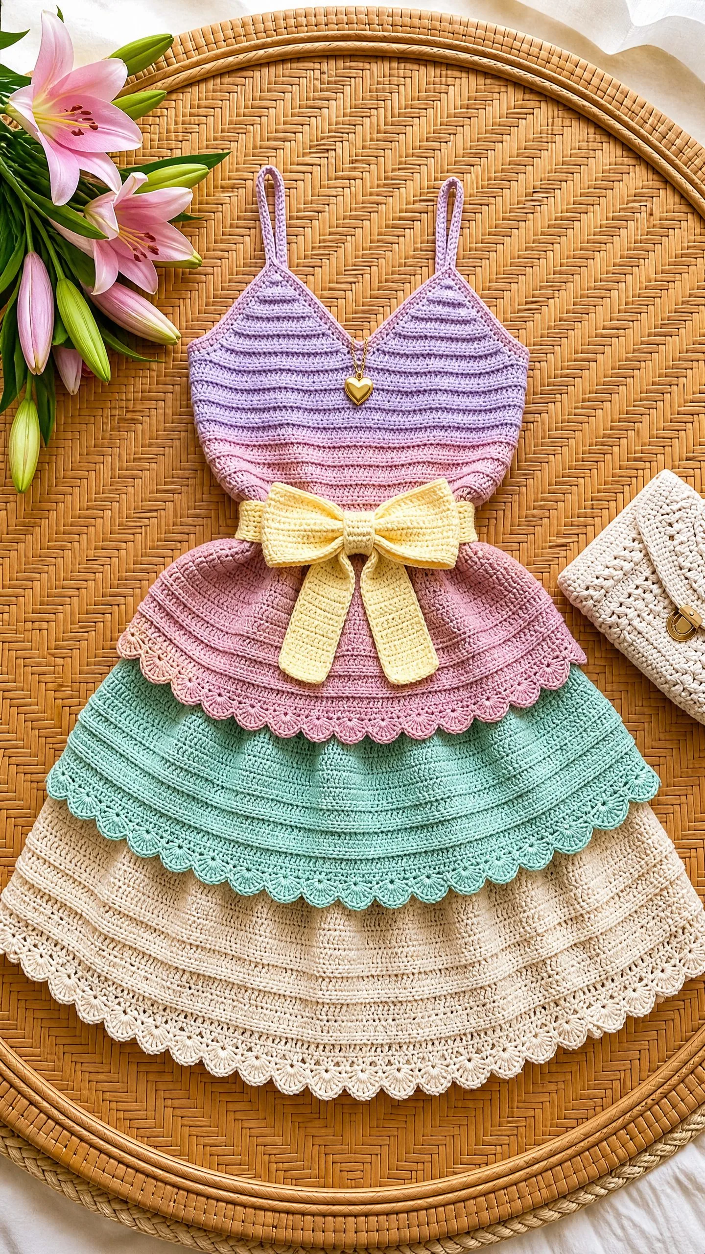 Pastel Rainbow Tiered Bow Dress Free Crochet Pattern