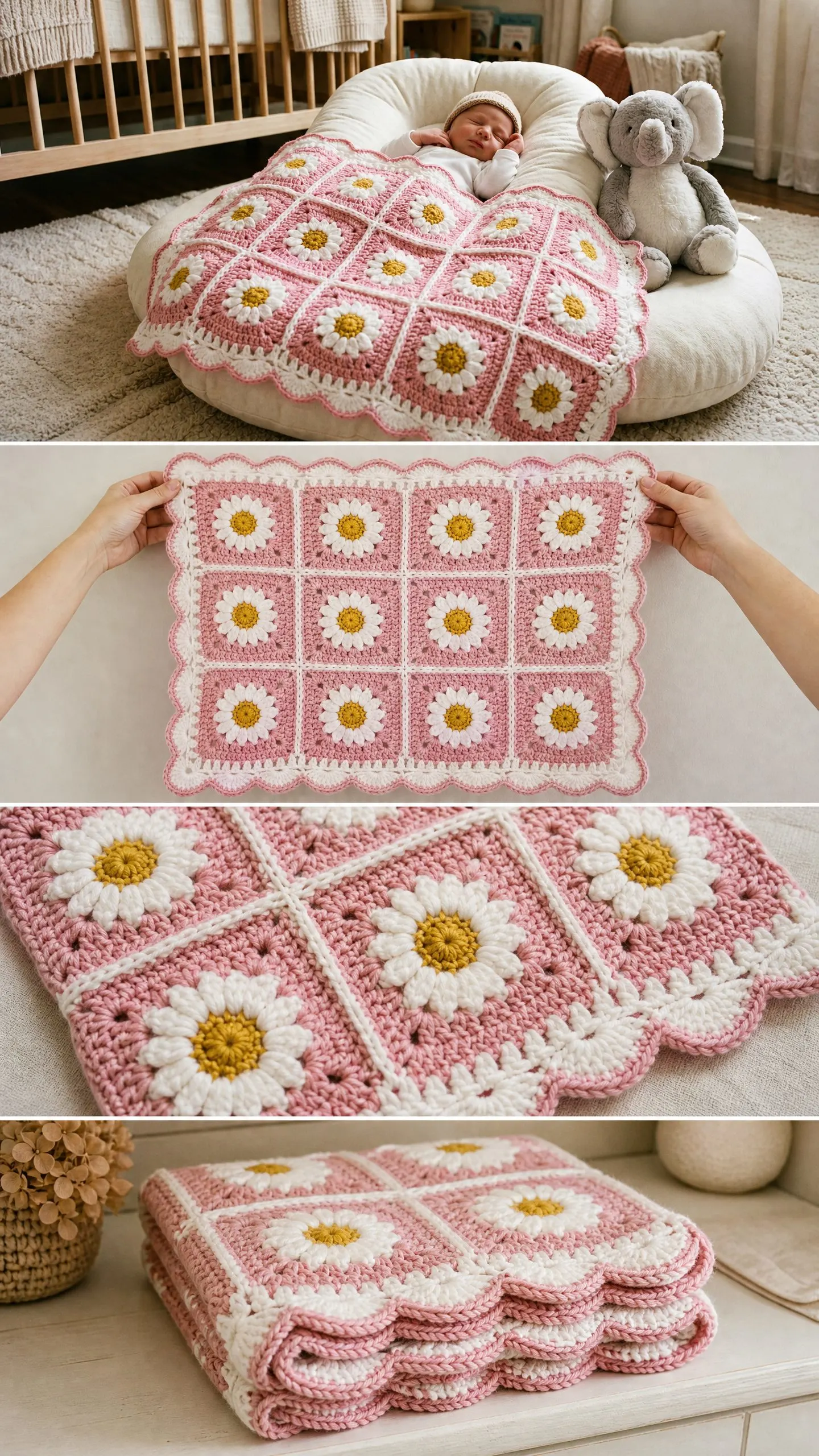 Pink Daisy Granny Square Baby Blanket Free Crochet Pattern