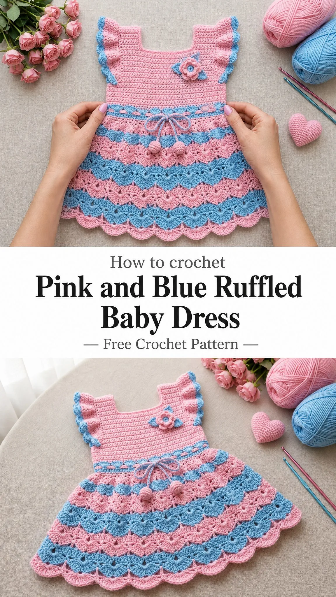 Pink and Blue Ruffled Baby Dress Free Crochet Pattern