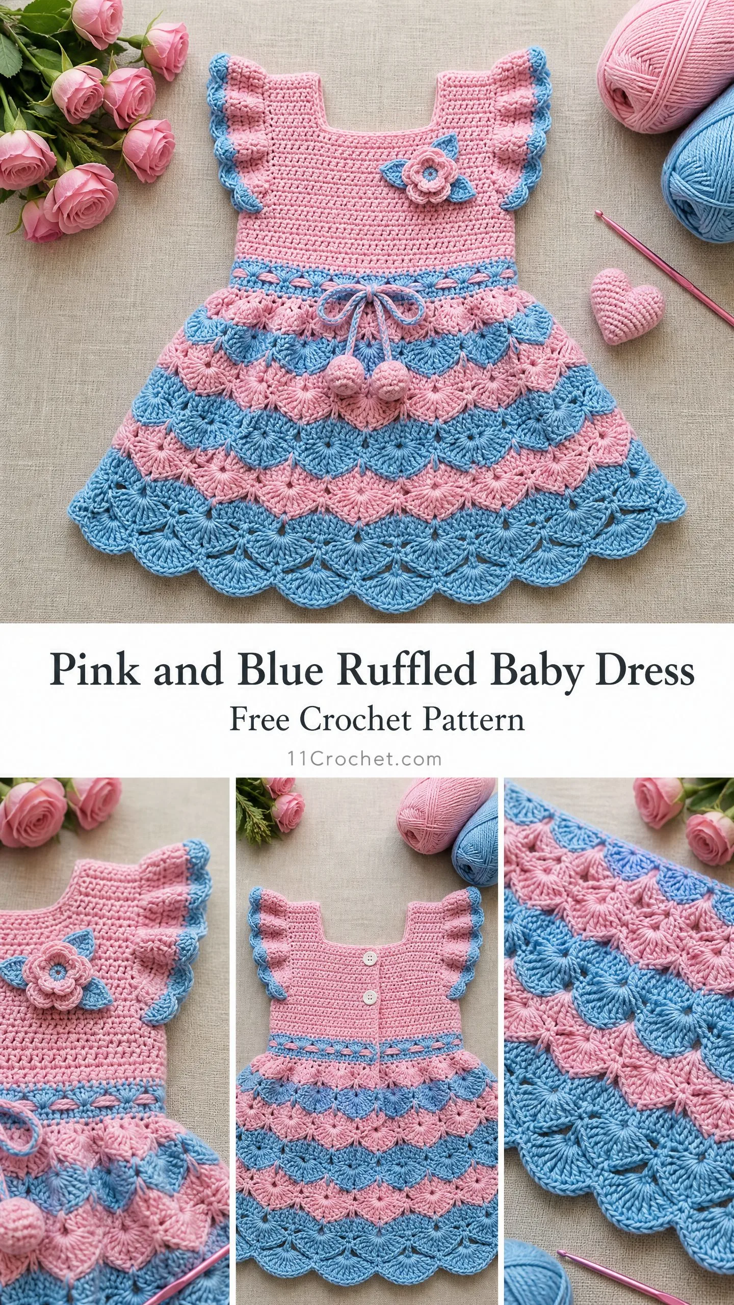 Pink and Blue Ruffled Baby Dress Free Crochet Pattern