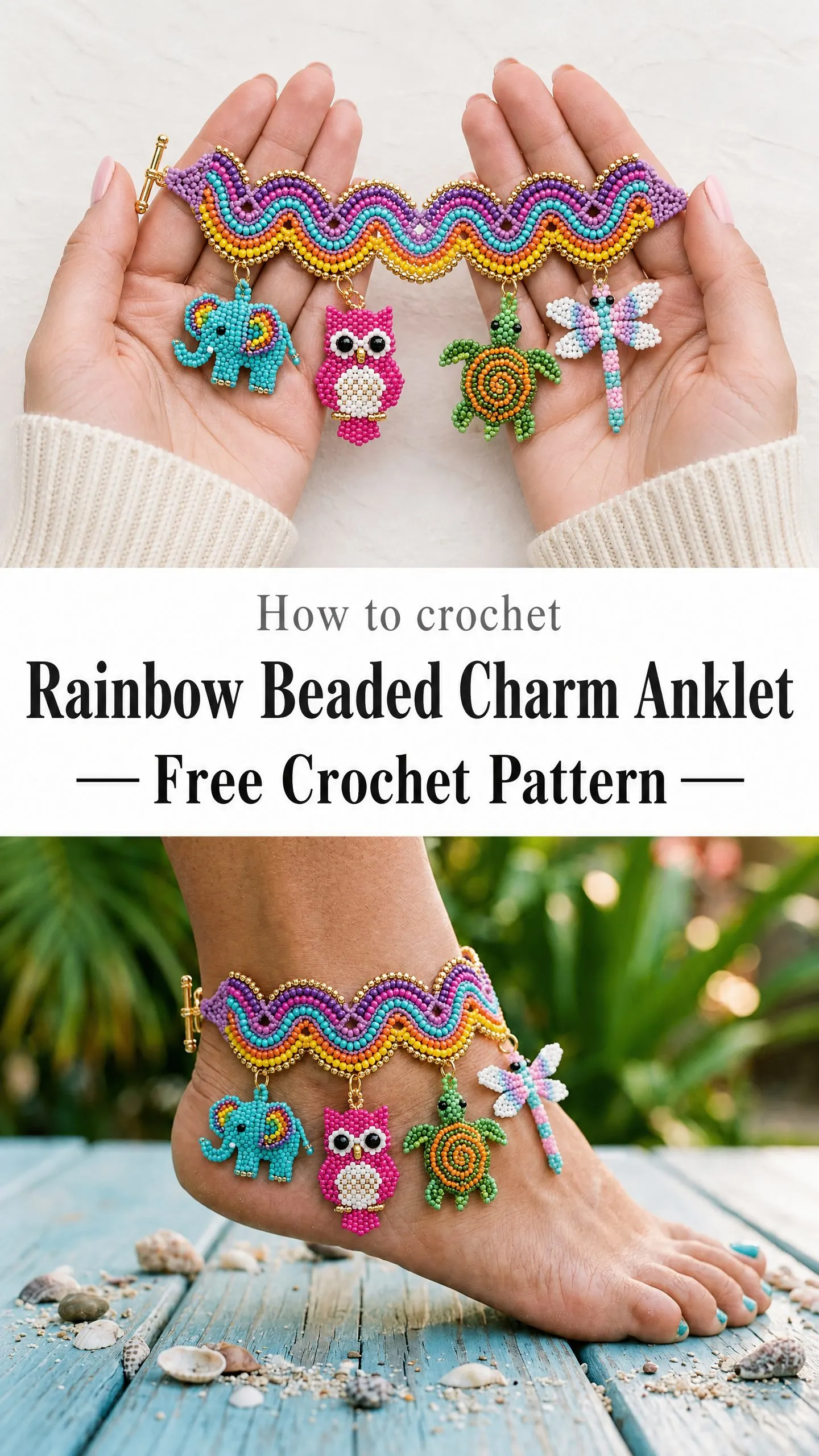 Rainbow Beaded Charm Anklet Free Crochet Pattern
