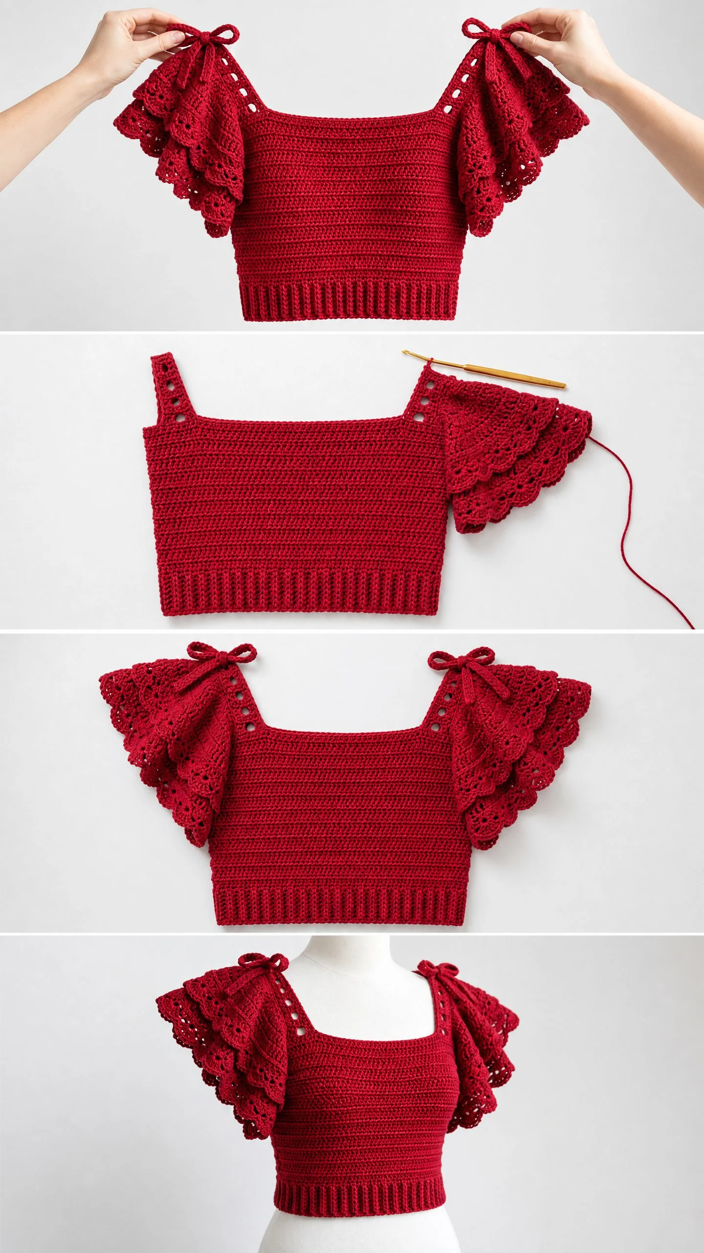 Red Ruffle Sleeve Crochet Summer Top Free Pattern
