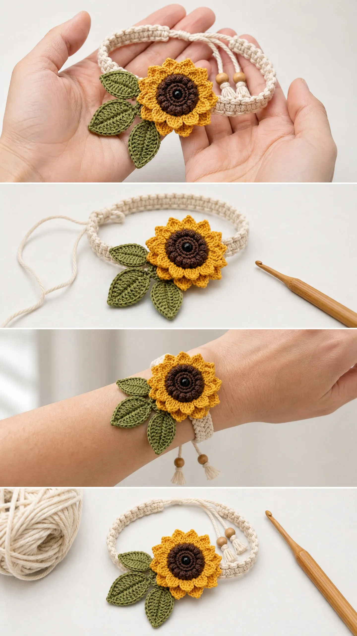 Sunflower Macramé Bracelet Free Crochet Pattern