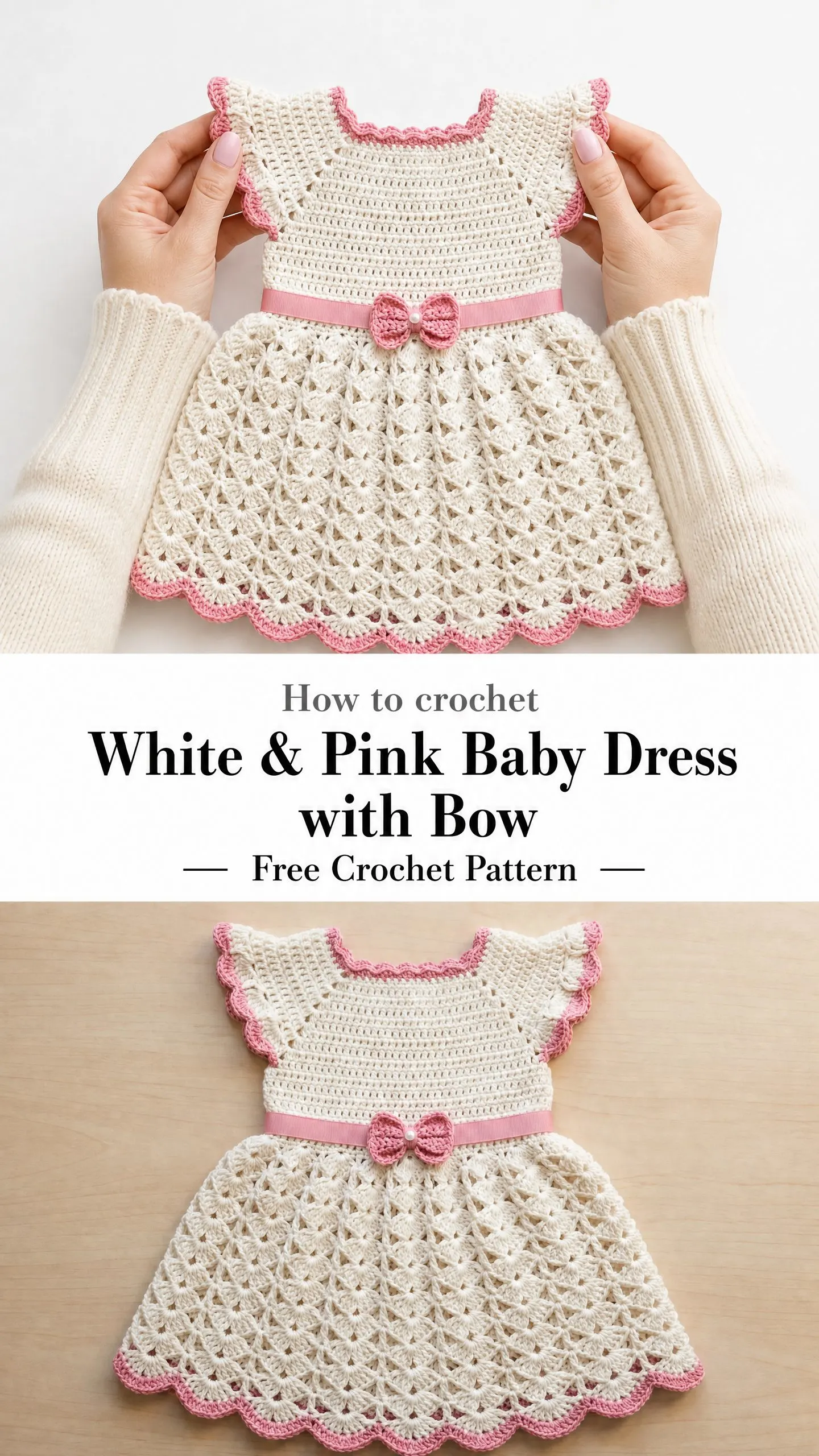 White & Pink Baby Dress with Bow Free Crochet Pattern