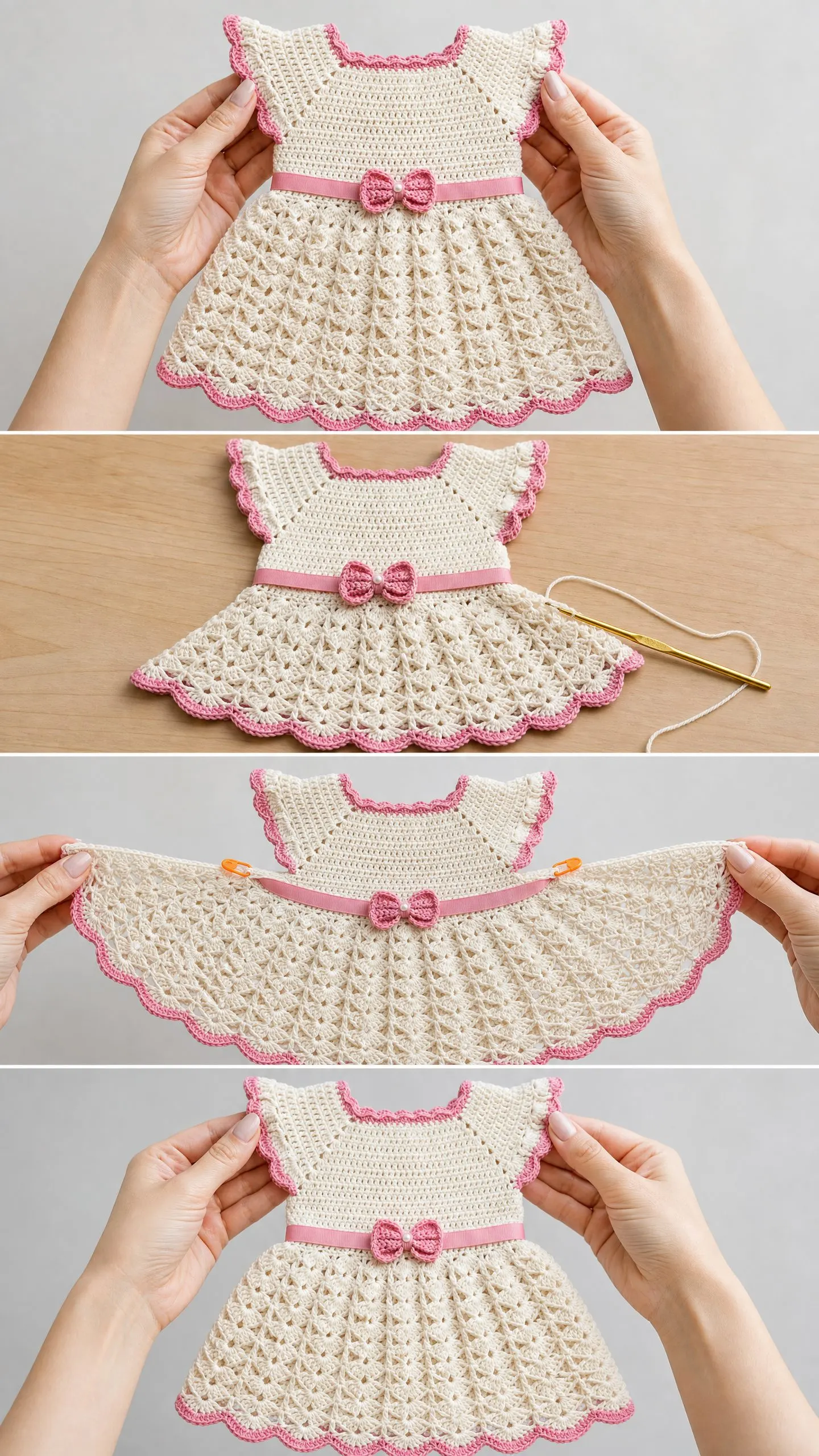 White & Pink Baby Dress with Bow Free Crochet Pattern