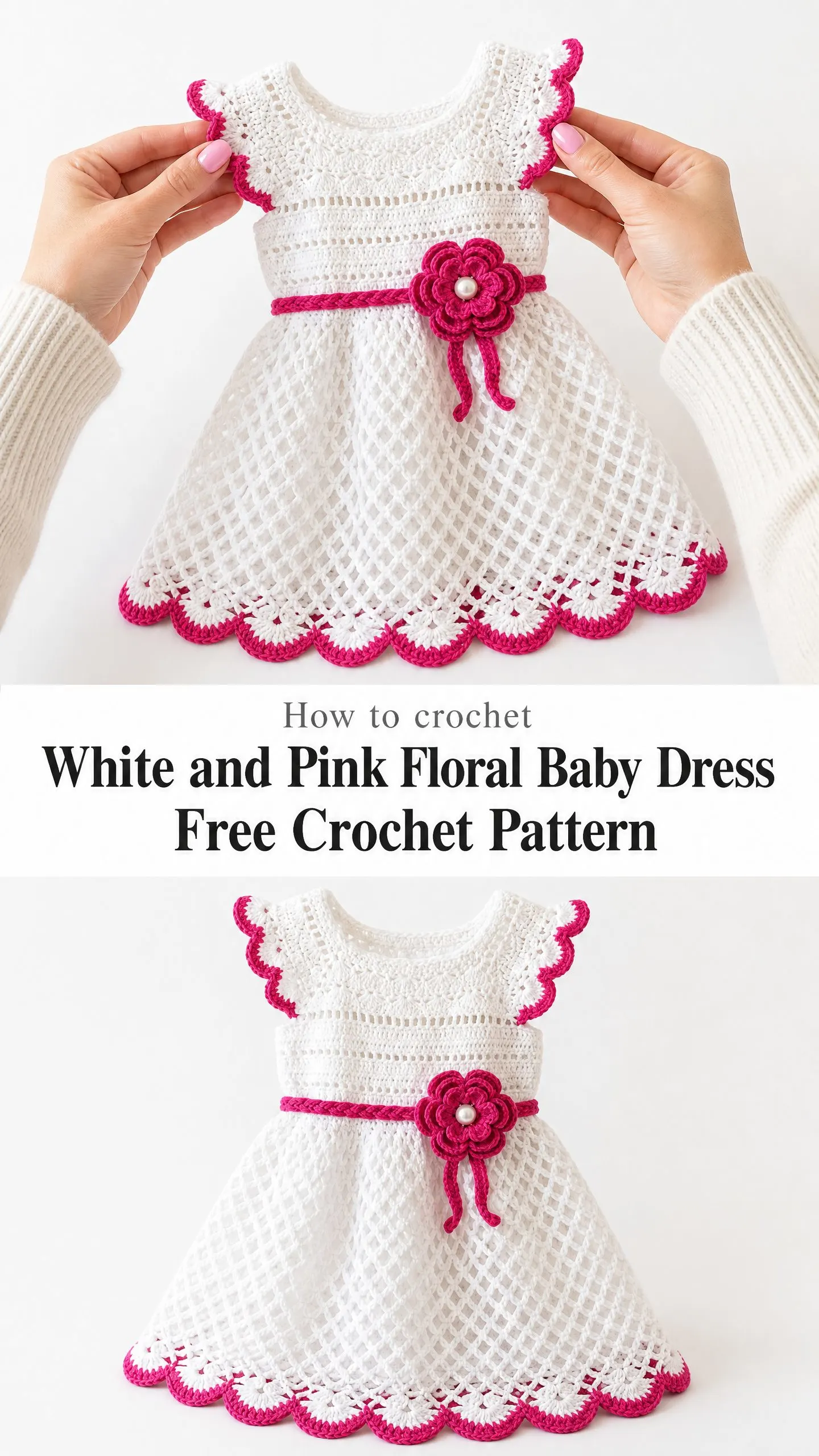 White and Pink Floral Baby Dress Free Crochet Pattern