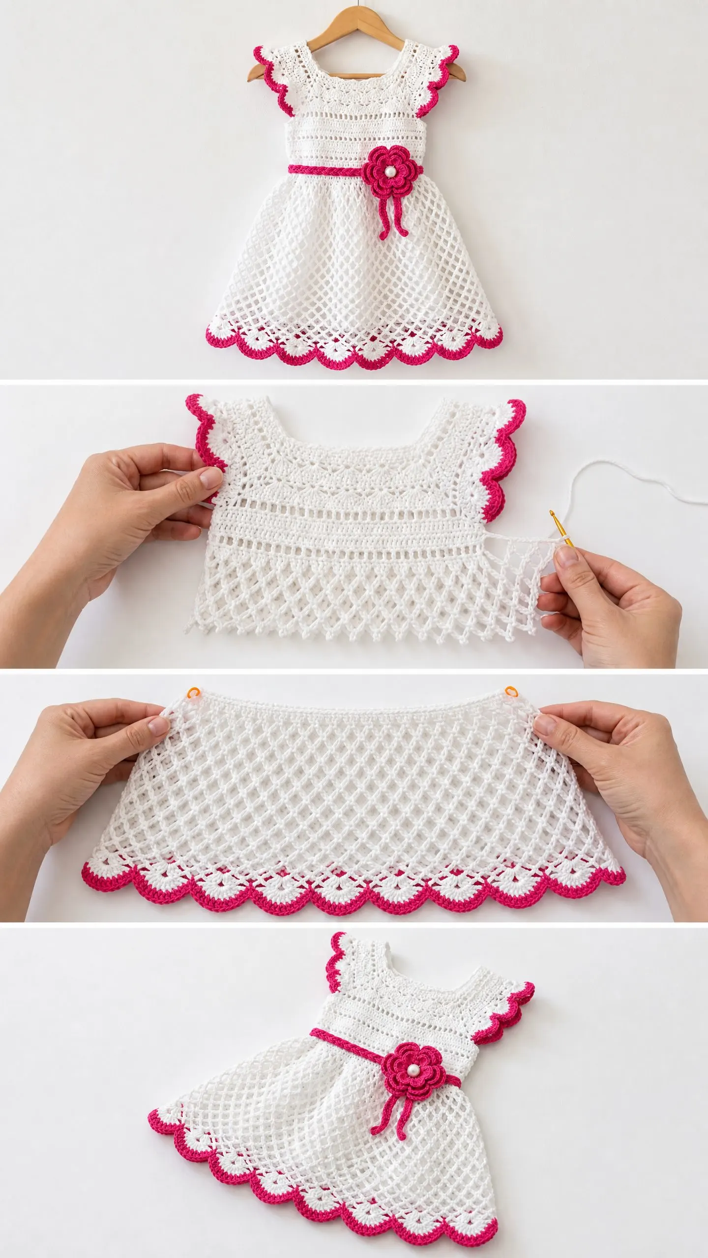 White and Pink Floral Baby Dress Free Crochet Pattern