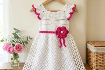 White and Pink Floral Baby Dress Free Crochet Pattern