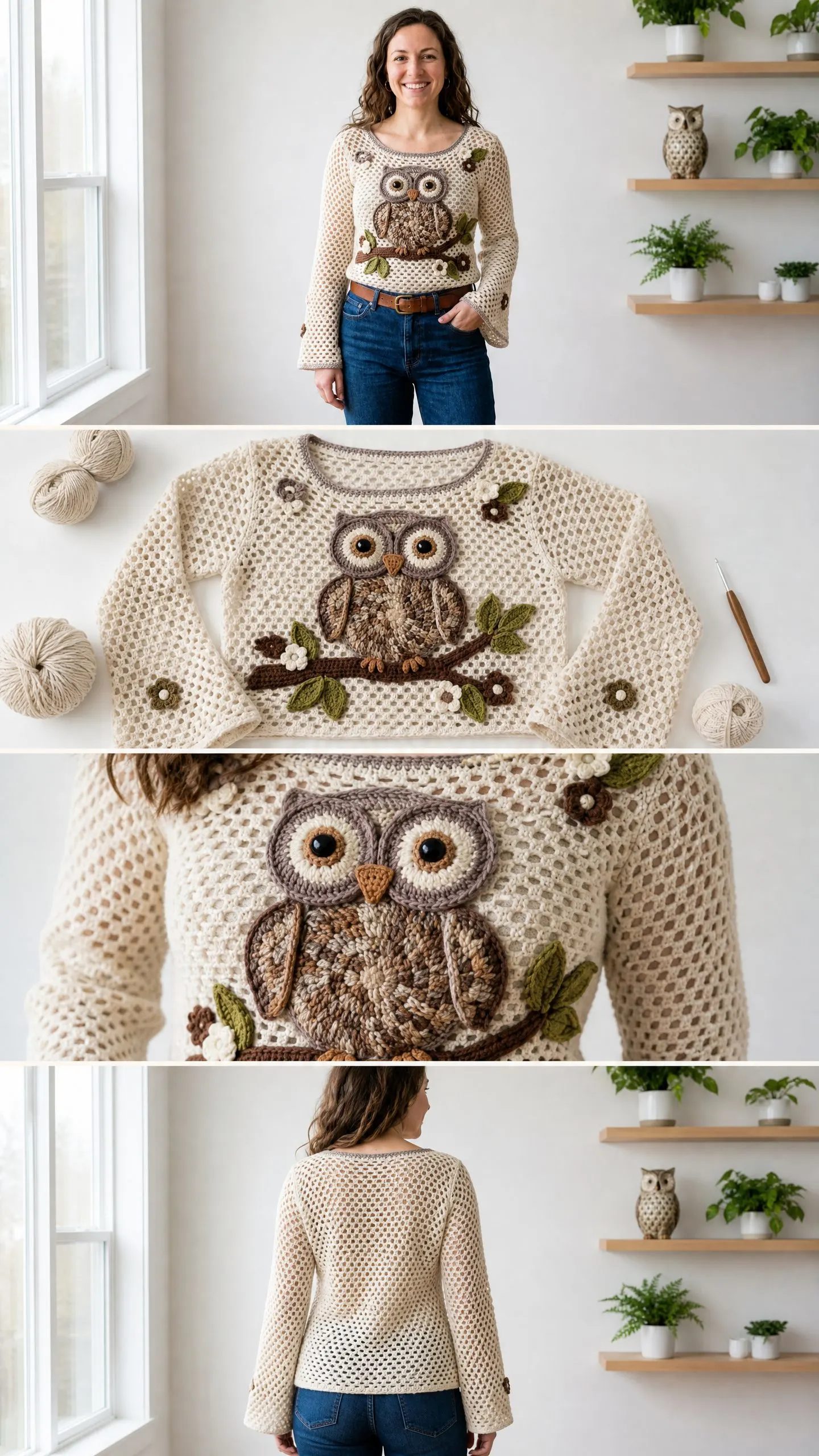 Woodland Owl Lace Sweater Free Crochet Pattern