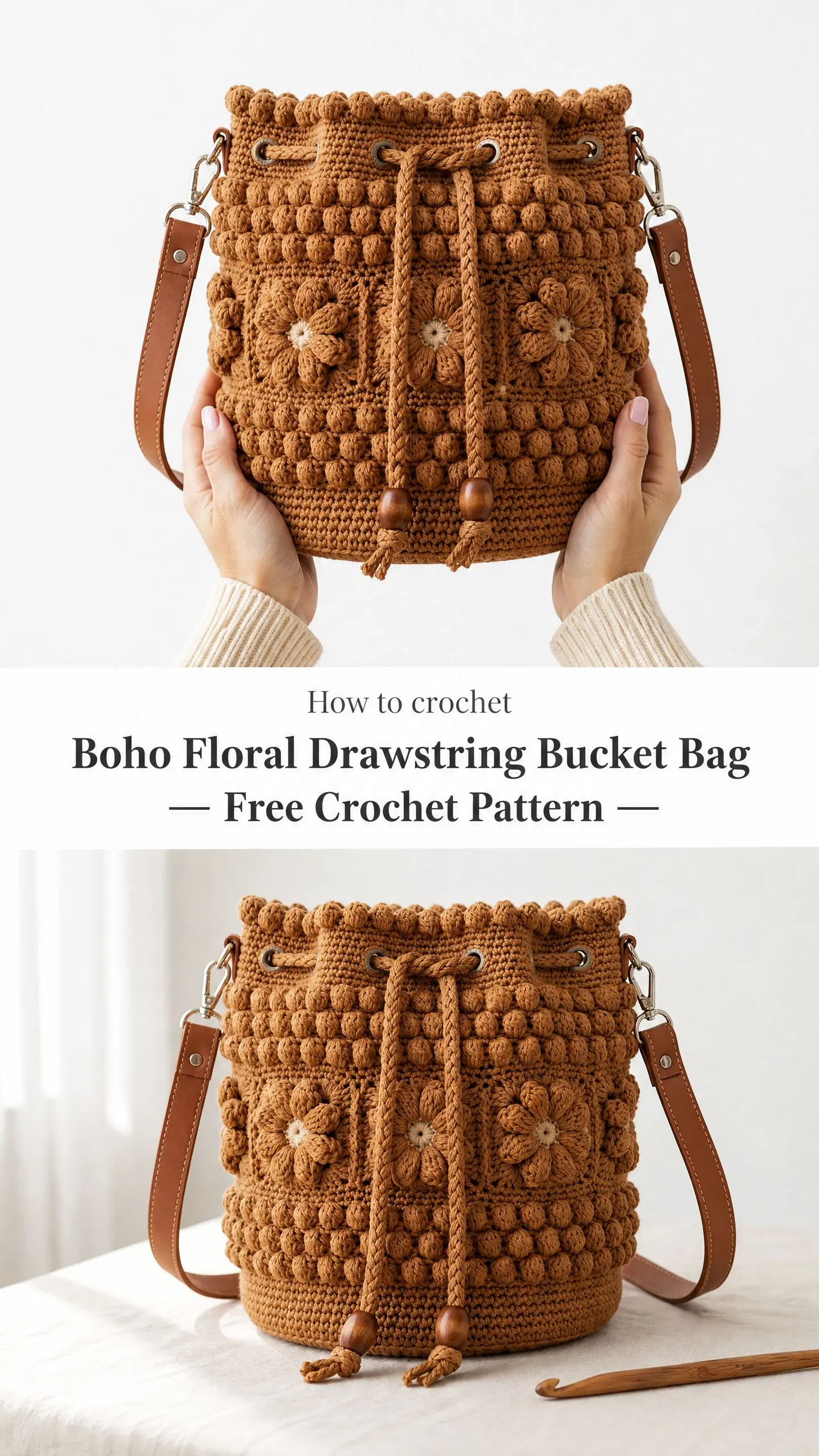 Boho Floral Drawstring Bucket Bag Free Crochet Pattern