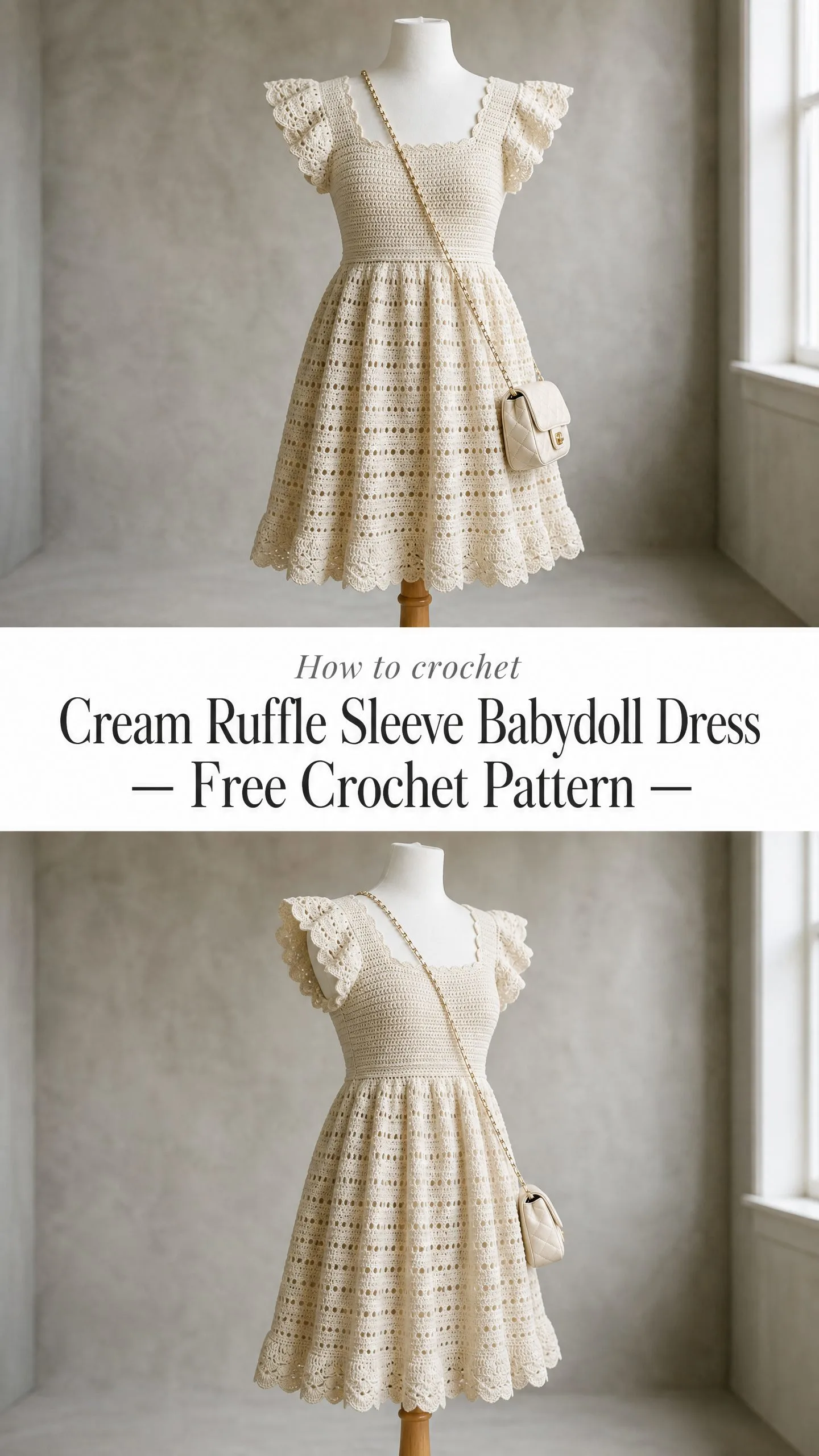 Cream Ruffle Sleeve Babydoll Dress Free Crochet Pattern