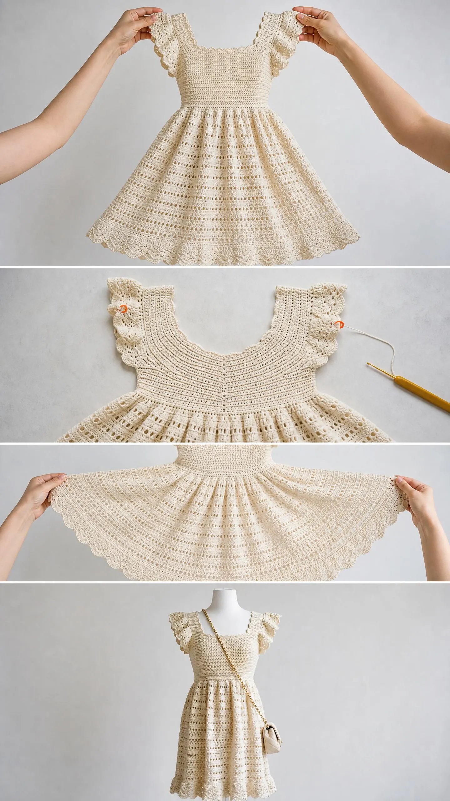 Cream Ruffle Sleeve Babydoll Dress Free Crochet Pattern