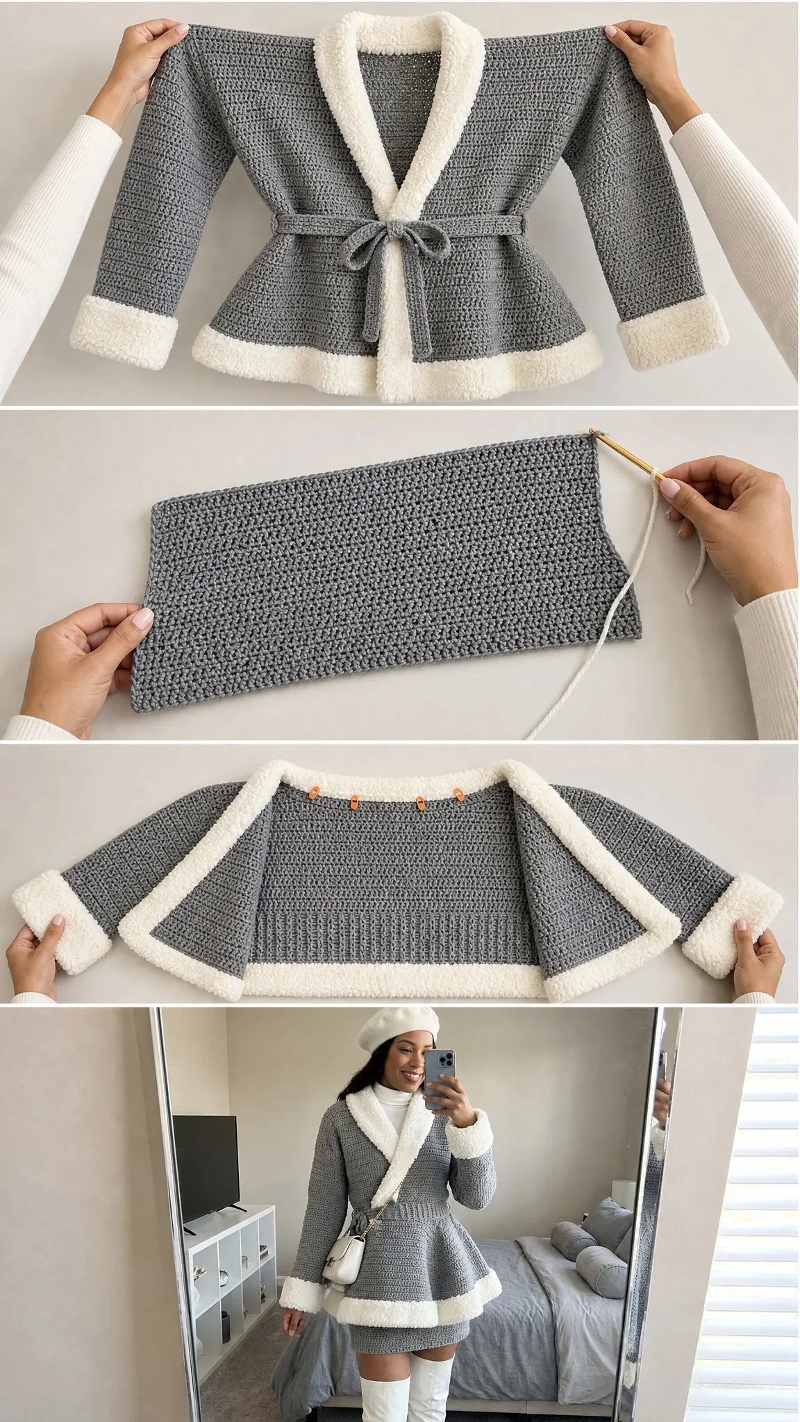 Gray Shearling Trim Crochet Cardigan Free Crochet Pattern