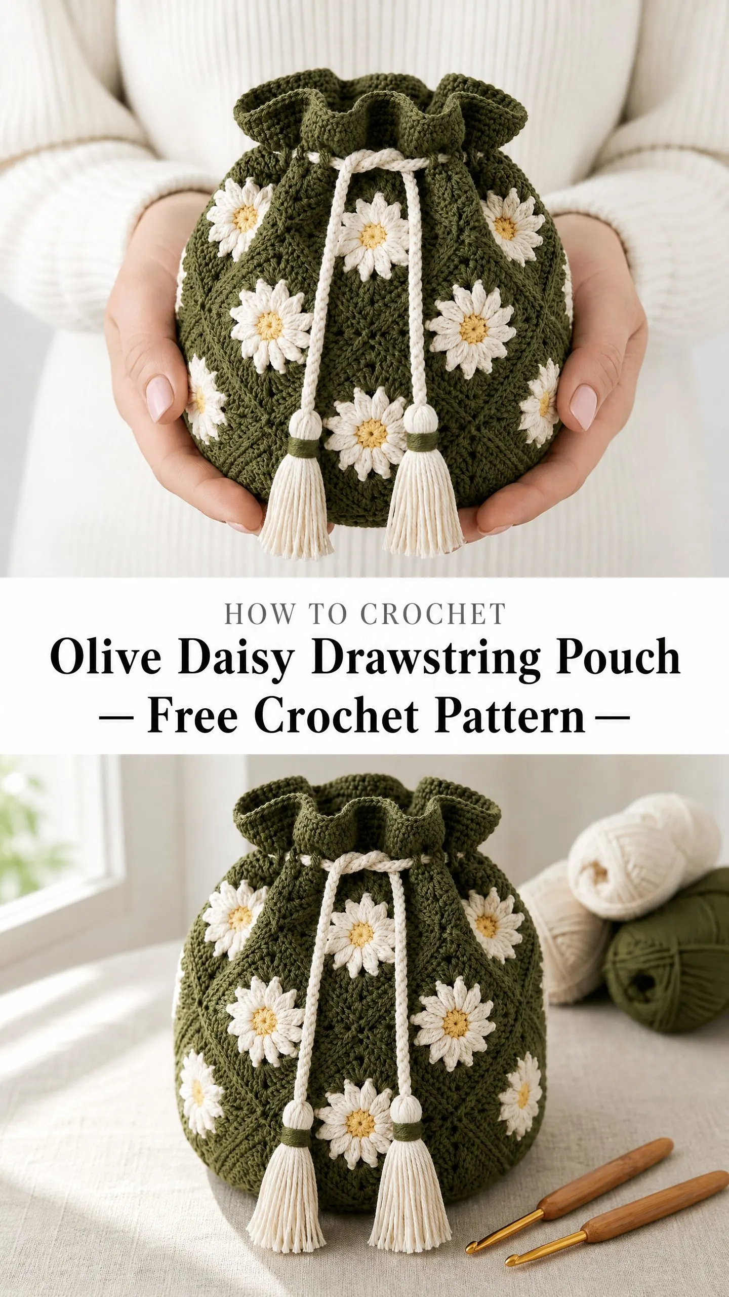 Olive Daisy Drawstring Pouch Free Crochet Pattern
