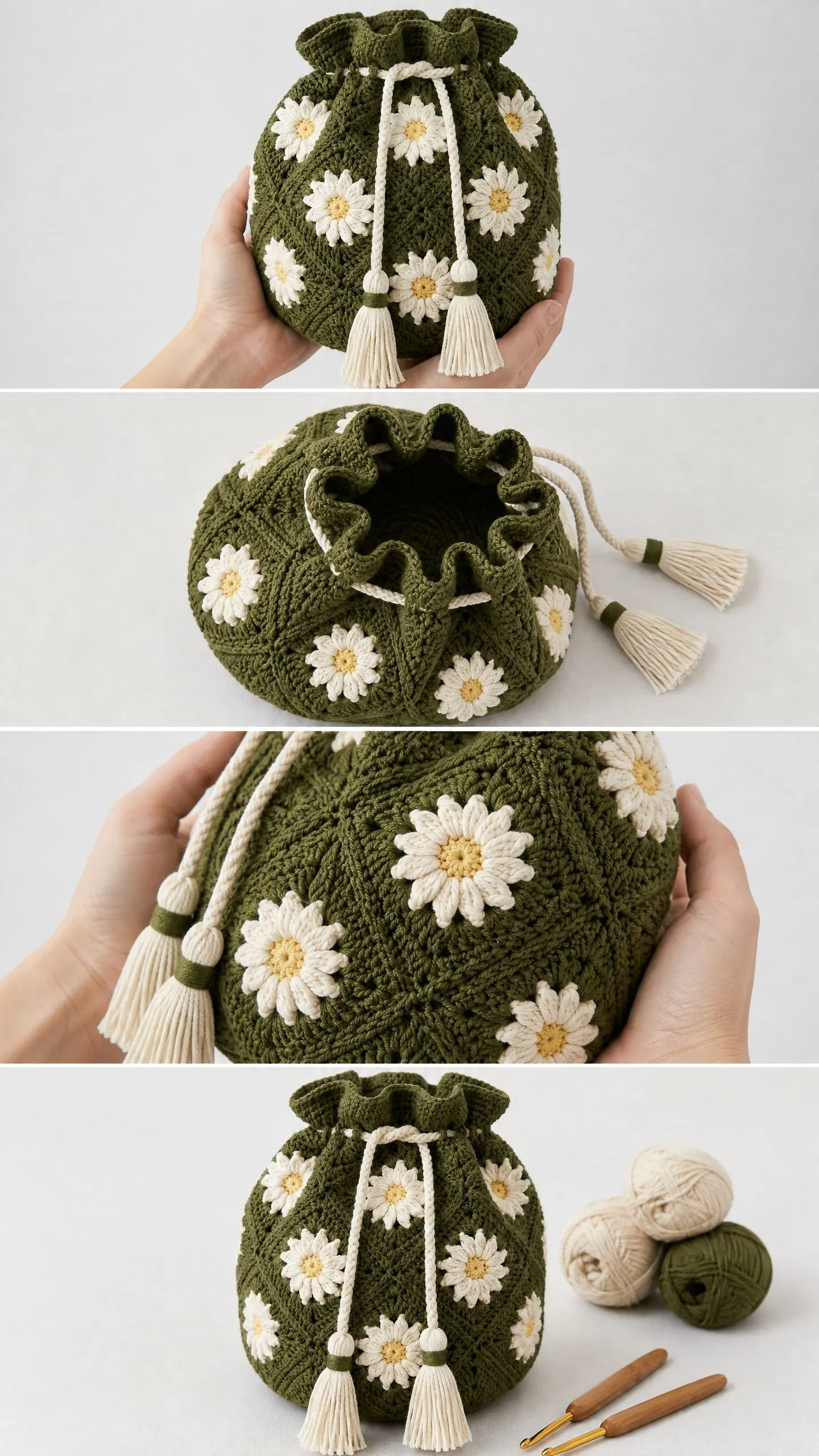 Olive Daisy Drawstring Pouch Free Crochet Pattern