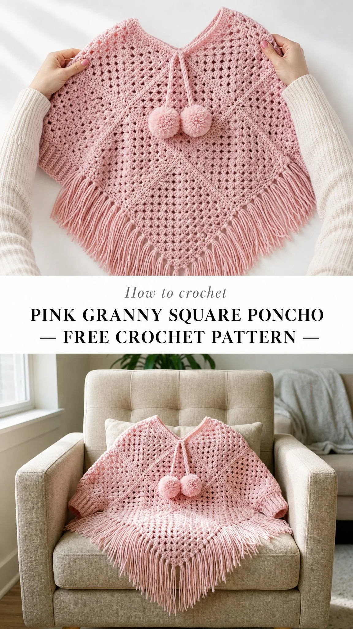 Pink Granny Square Poncho Free Crochet Pattern