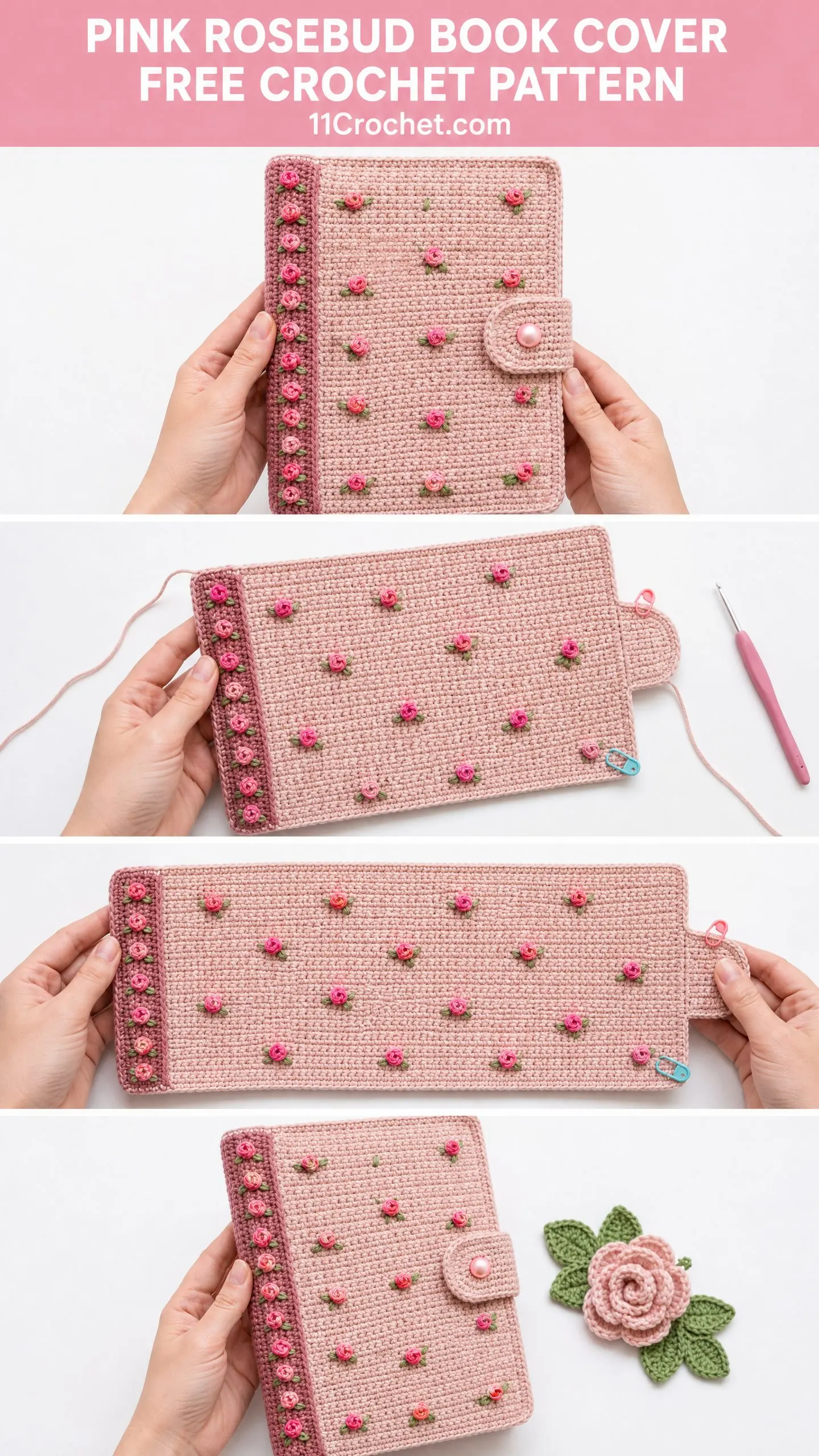 Pink Rosebud Book Cover Free Crochet Pattern