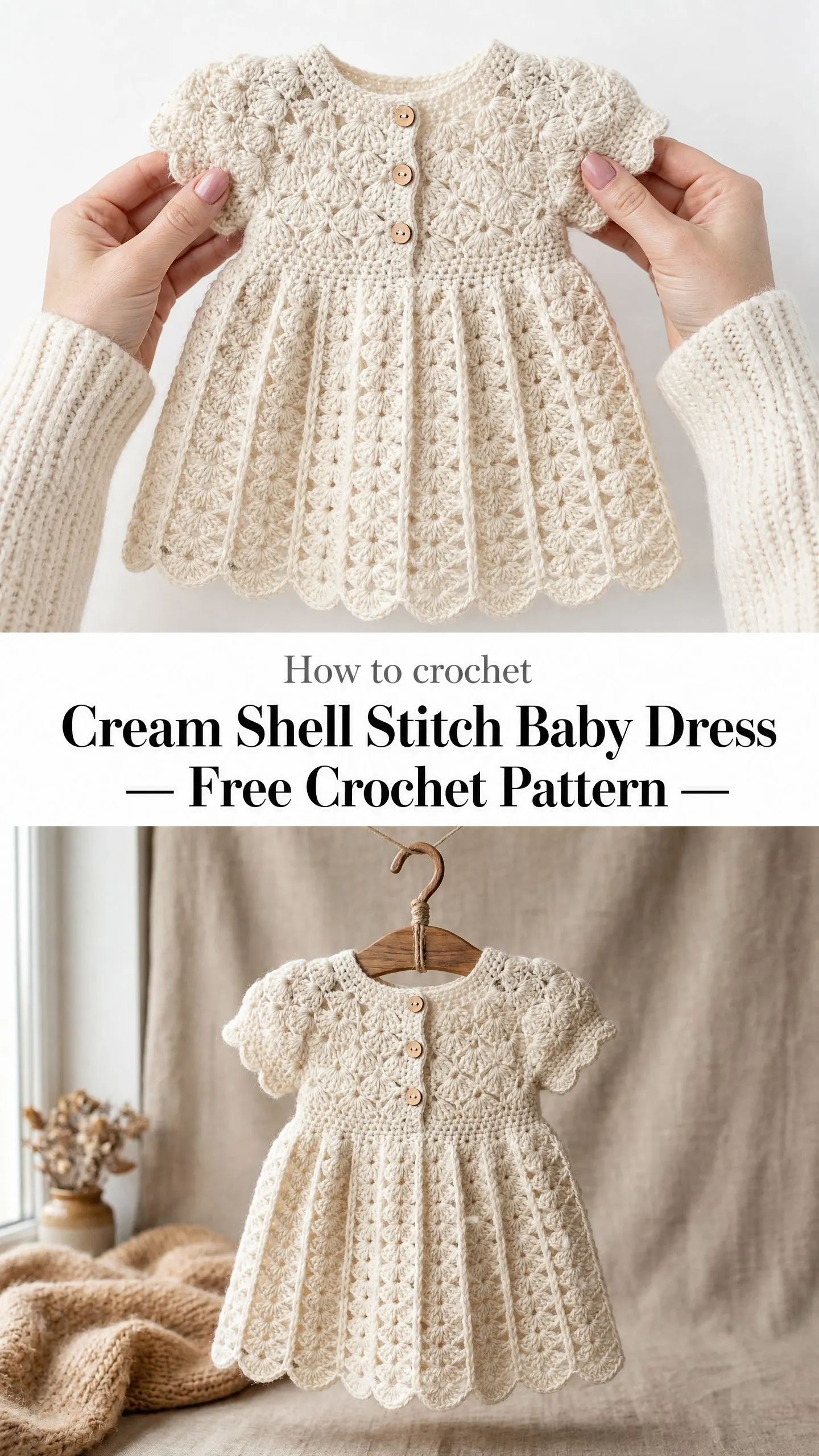 Cream Shell Stitch Baby Dress Free Crochet Pattern