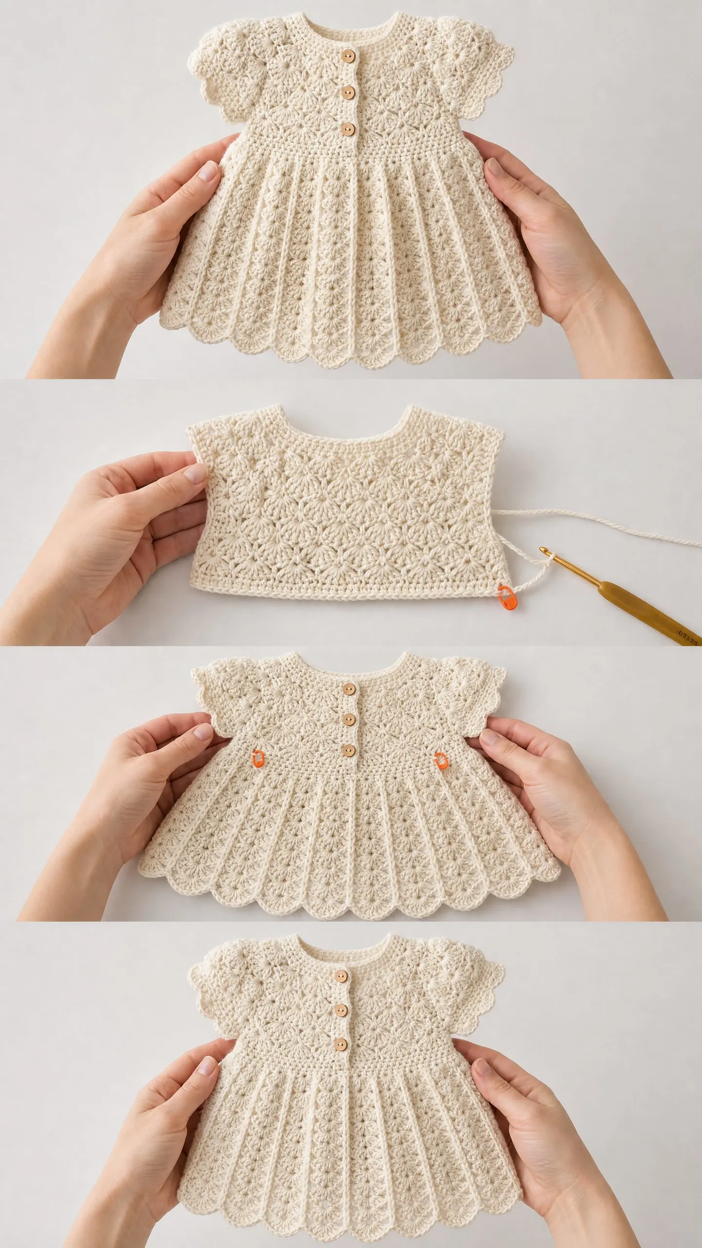 Cream Shell Stitch Baby Dress Free Crochet Pattern