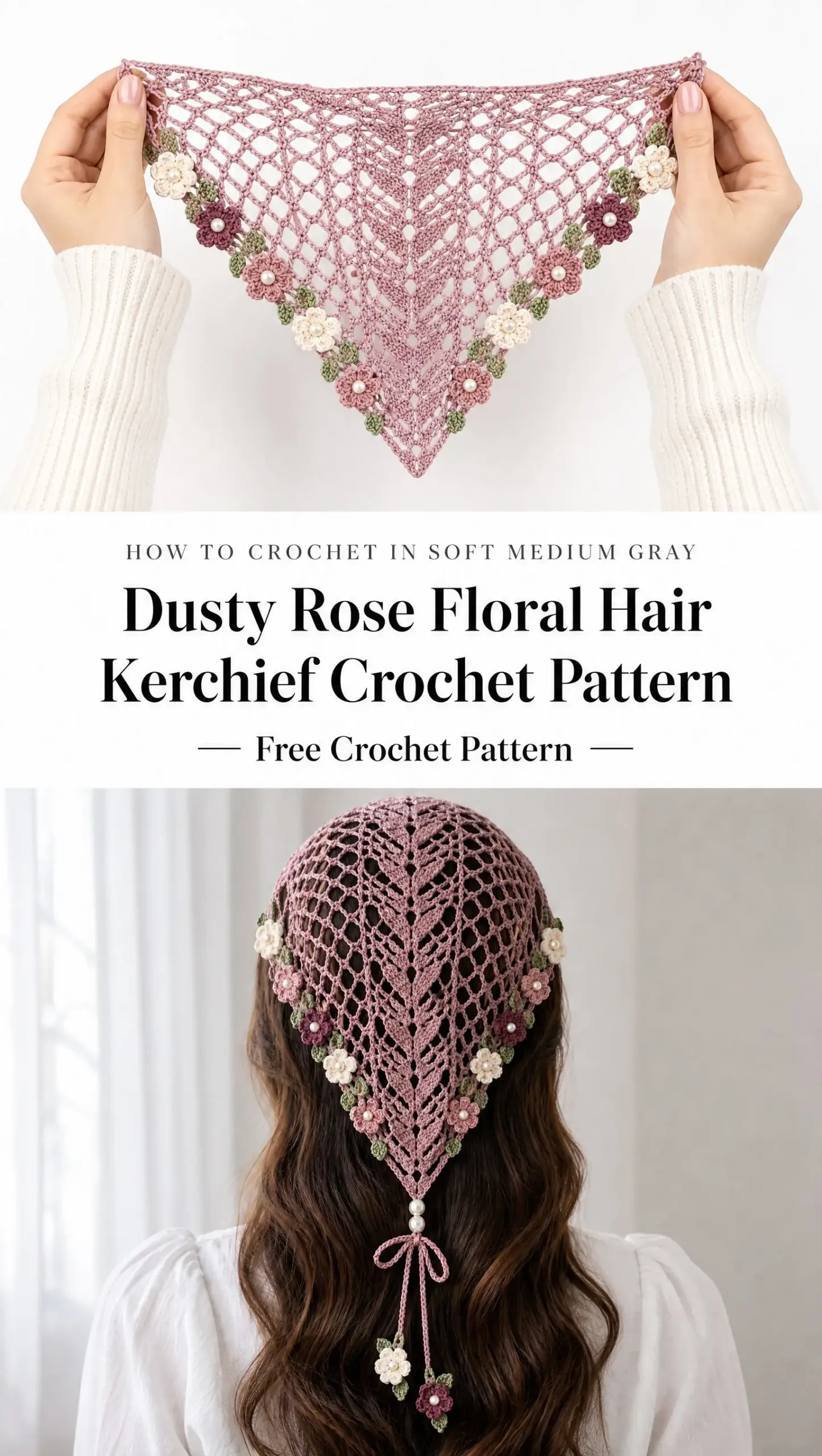 Dusty Rose Floral Hair Kerchief Crochet Pattern
