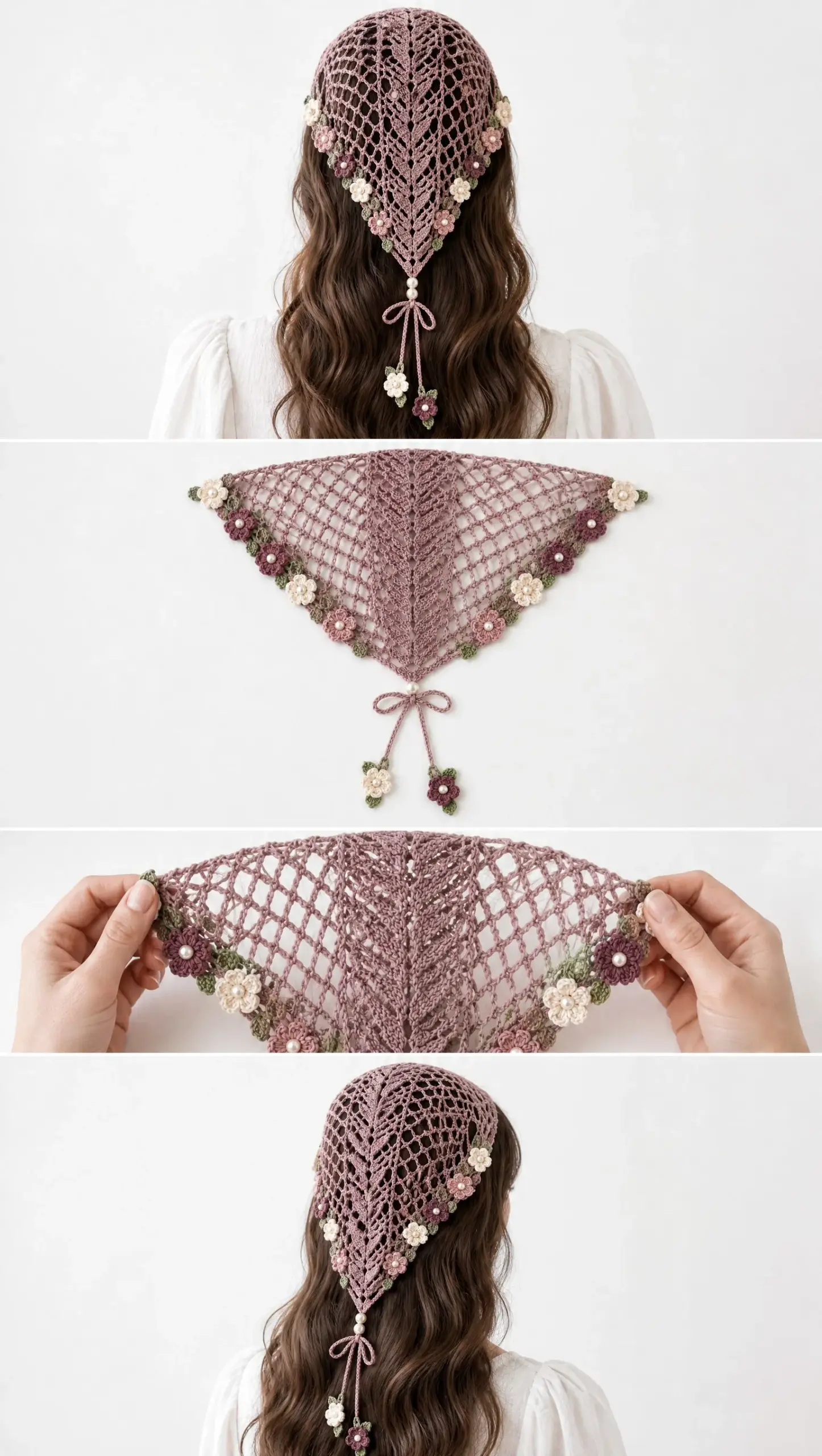 Dusty Rose Floral Hair Kerchief Crochet Pattern