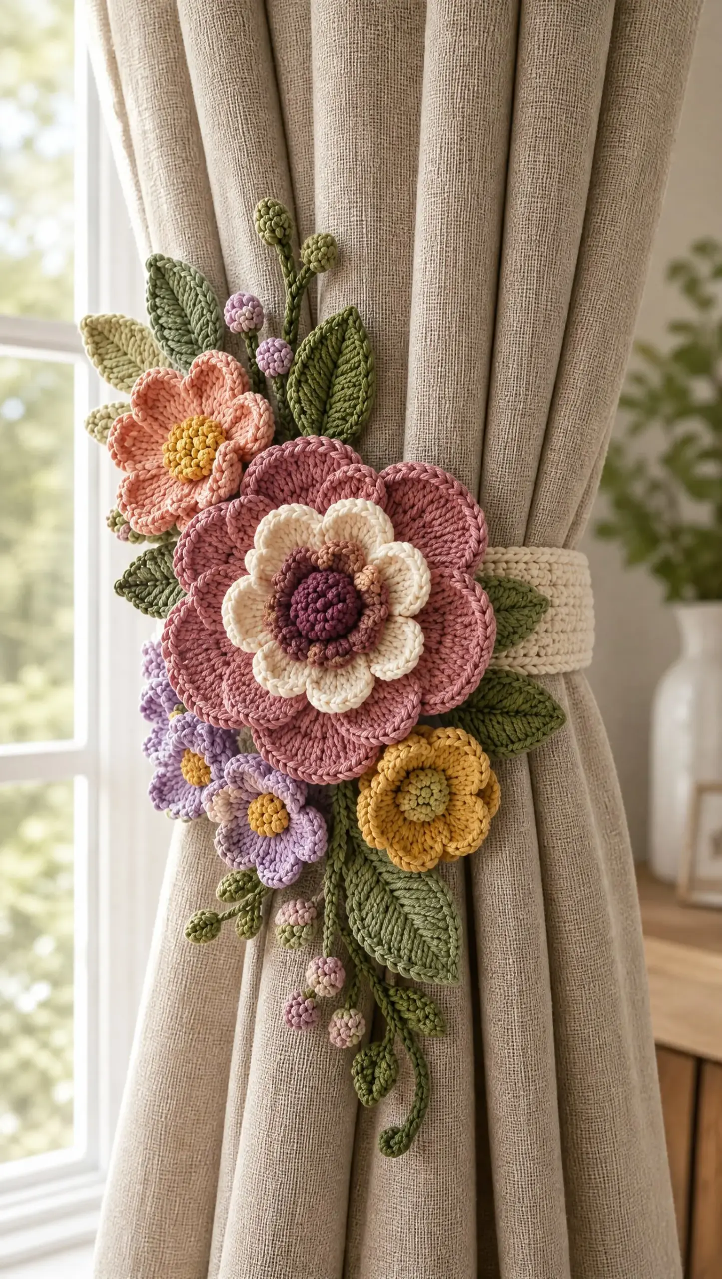 Layered Floral Curtain Tieback Crochet Pattern