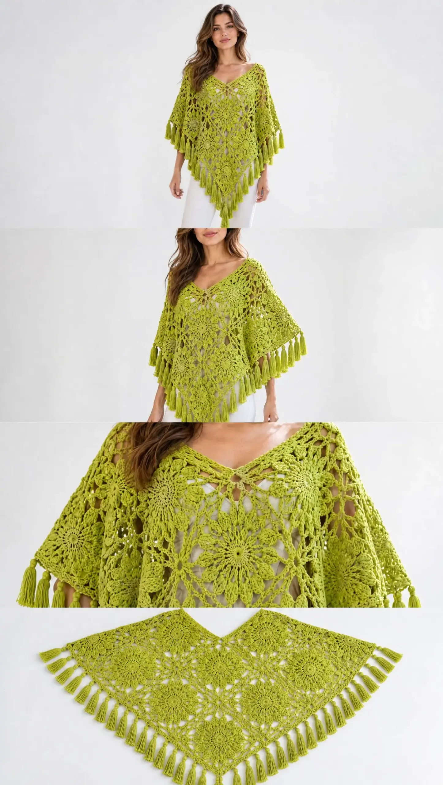 Lime Floral Fringe Poncho Crochet Pattern
