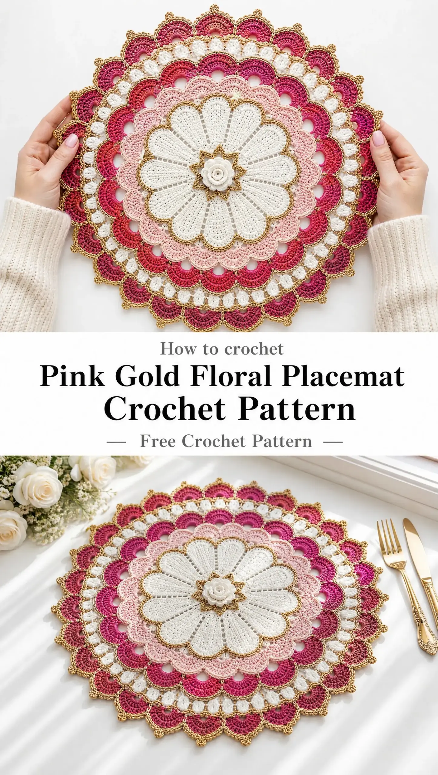 Pink Gold Floral Placemat Crochet Pattern
