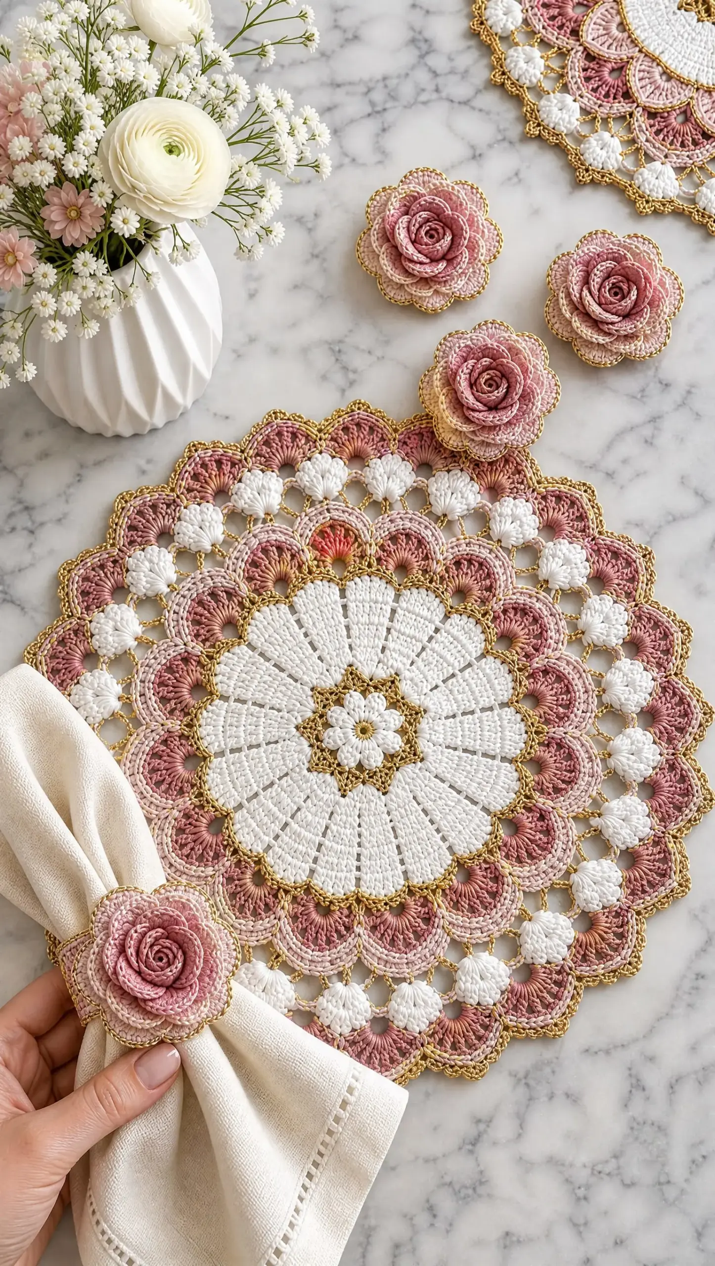 Pink Rose Table Set Crochet Pattern