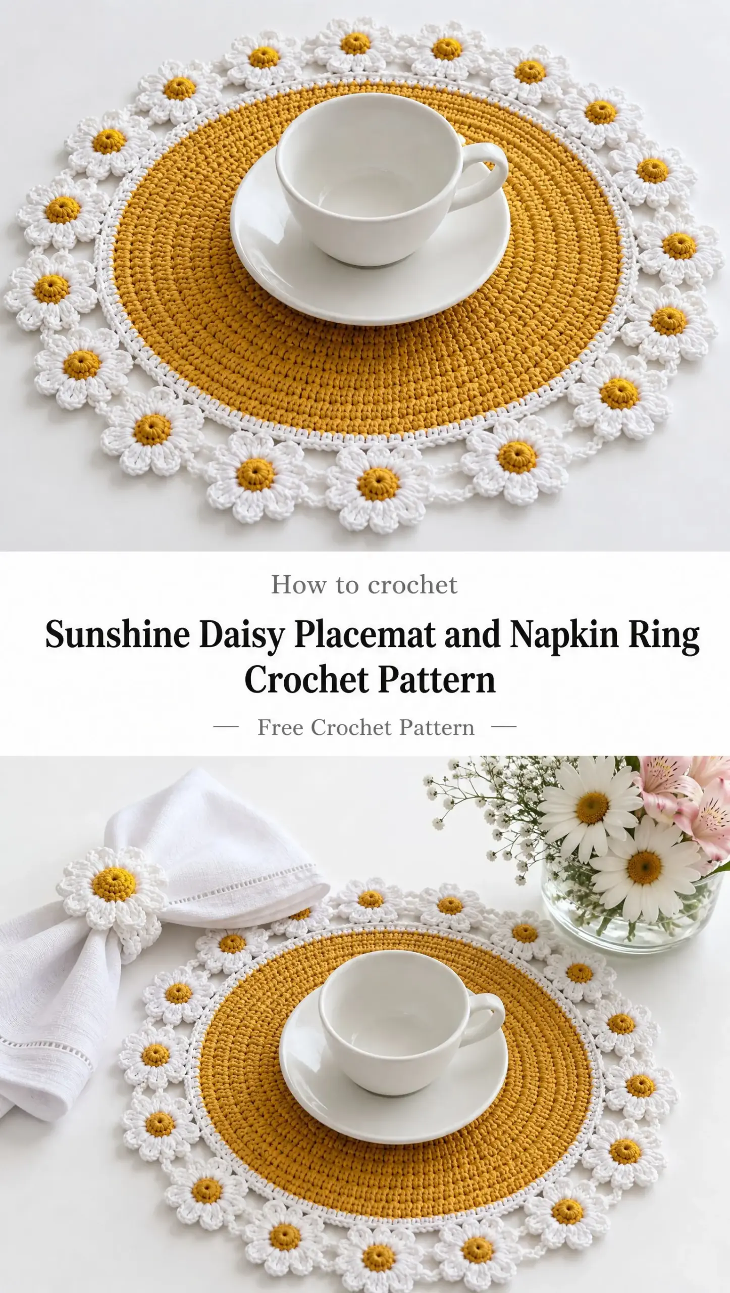 Sunshine Daisy Placemat and Napkin Ring Crochet Pattern
