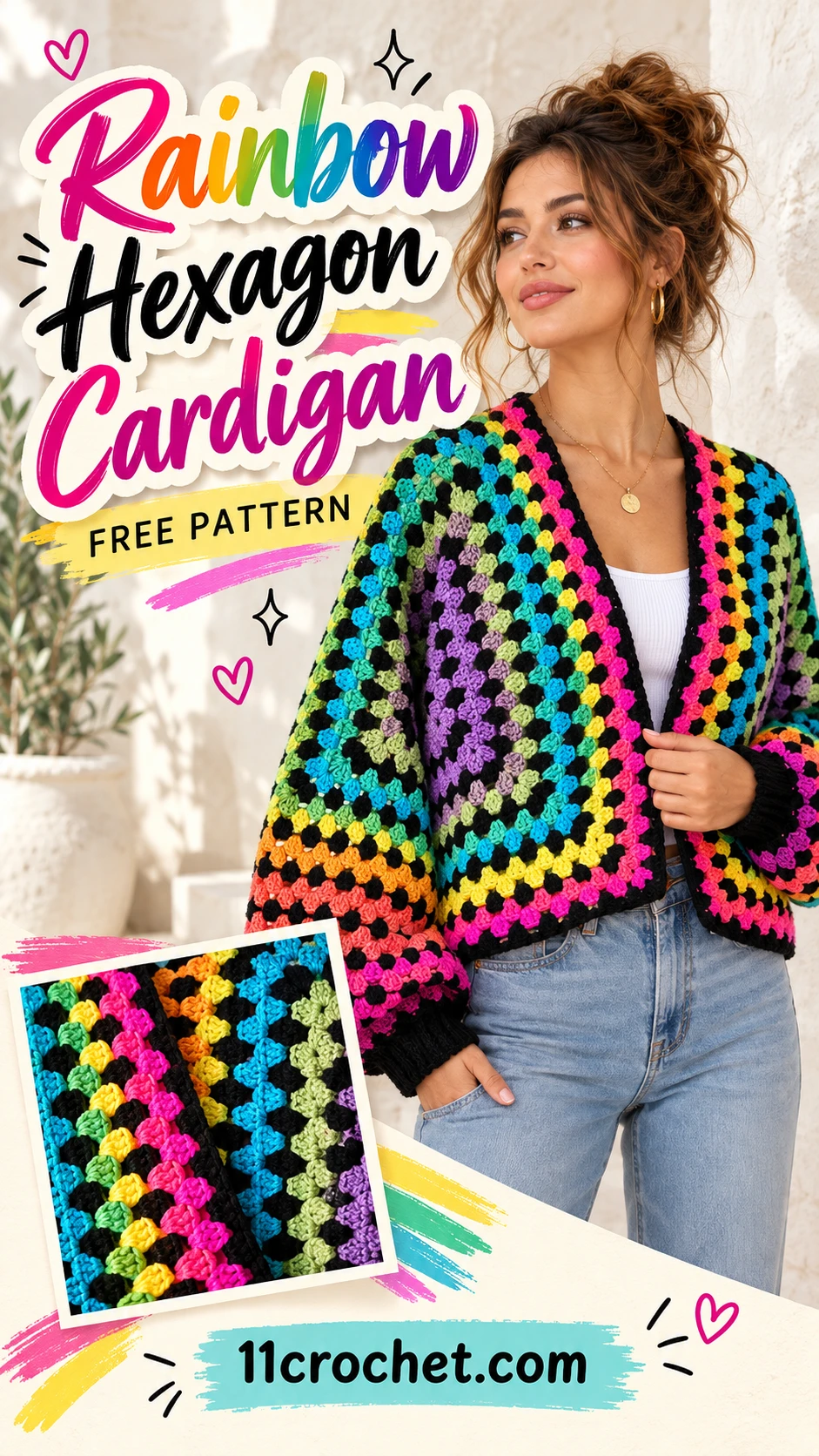 Rainbow Hexagon Cardigan: AI-generated Pinterest inspiration with matching garment detail views